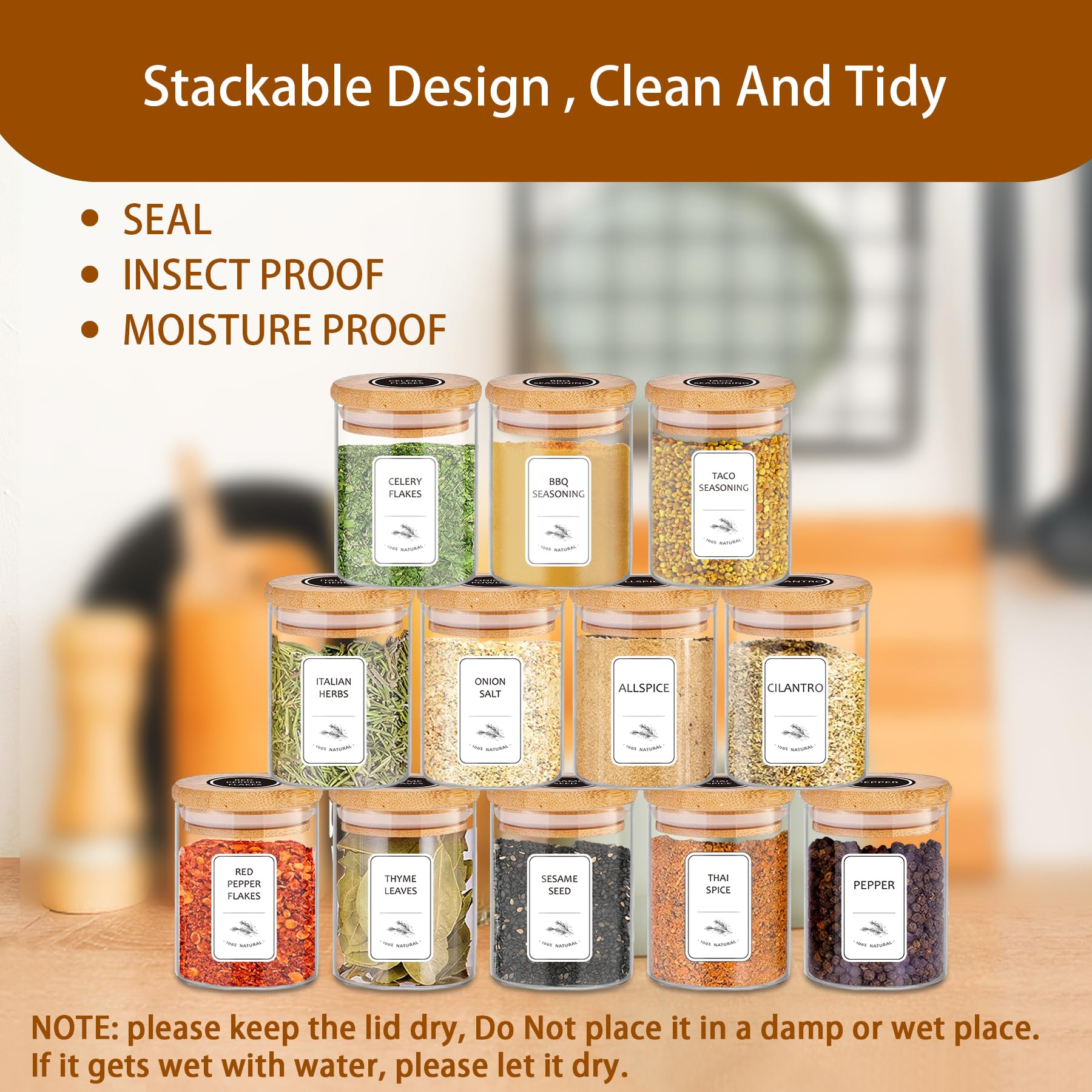 SLifeJars - Lot de 20 pots à épices avec étiquette, 212,6 g, pots à épices en verre avec couvercles en bambou, récipients d'assaisonnement, bouteilles à épices, pots à épices hermétiques vides pour