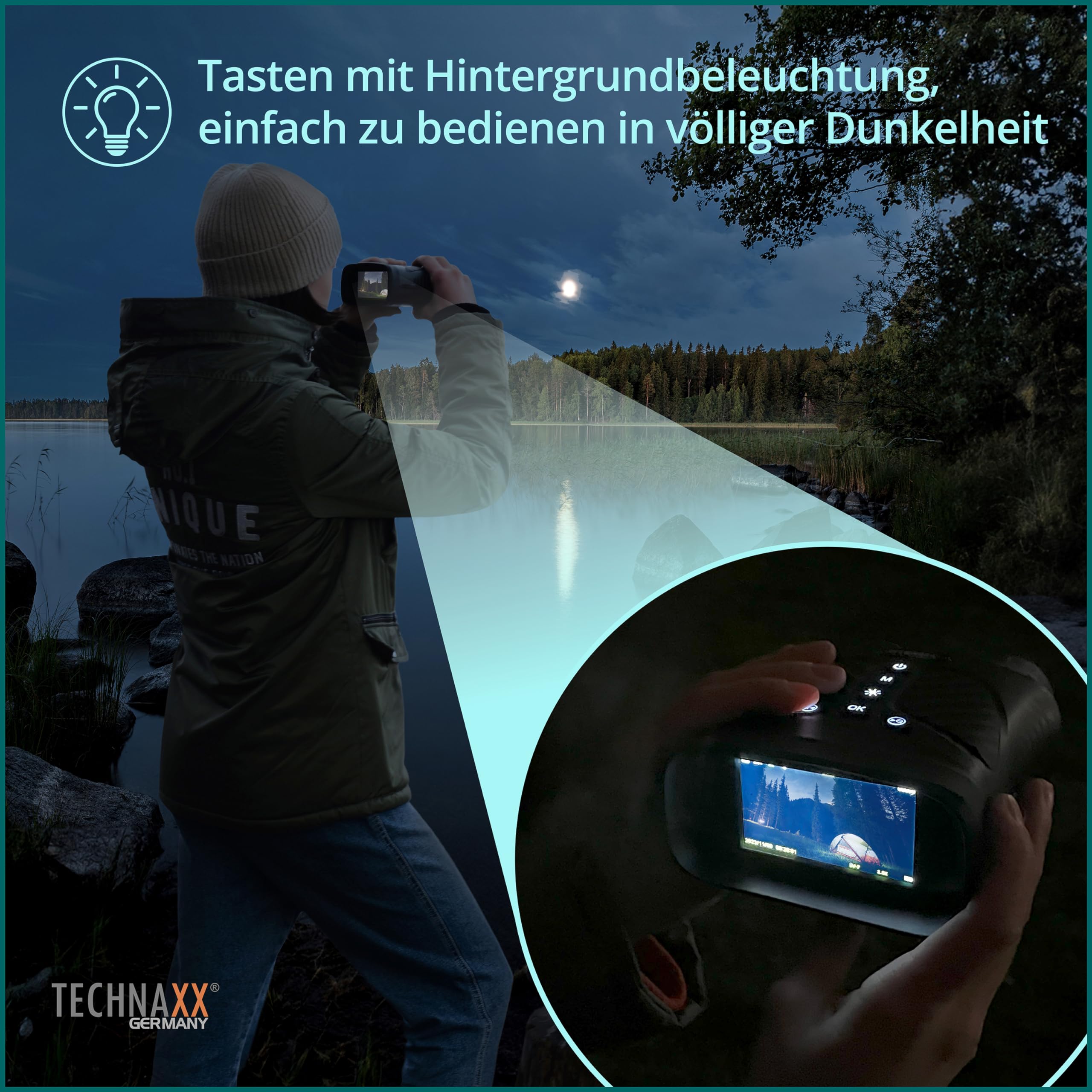 Technaxx Nachtsichtgerät Full HD 1080p 40MP 4X Optische Vergrößerung 8X Digitalzoom 850nm IR LED 150m 3 Zoll IPS Display 2500mAh Akku TX-257