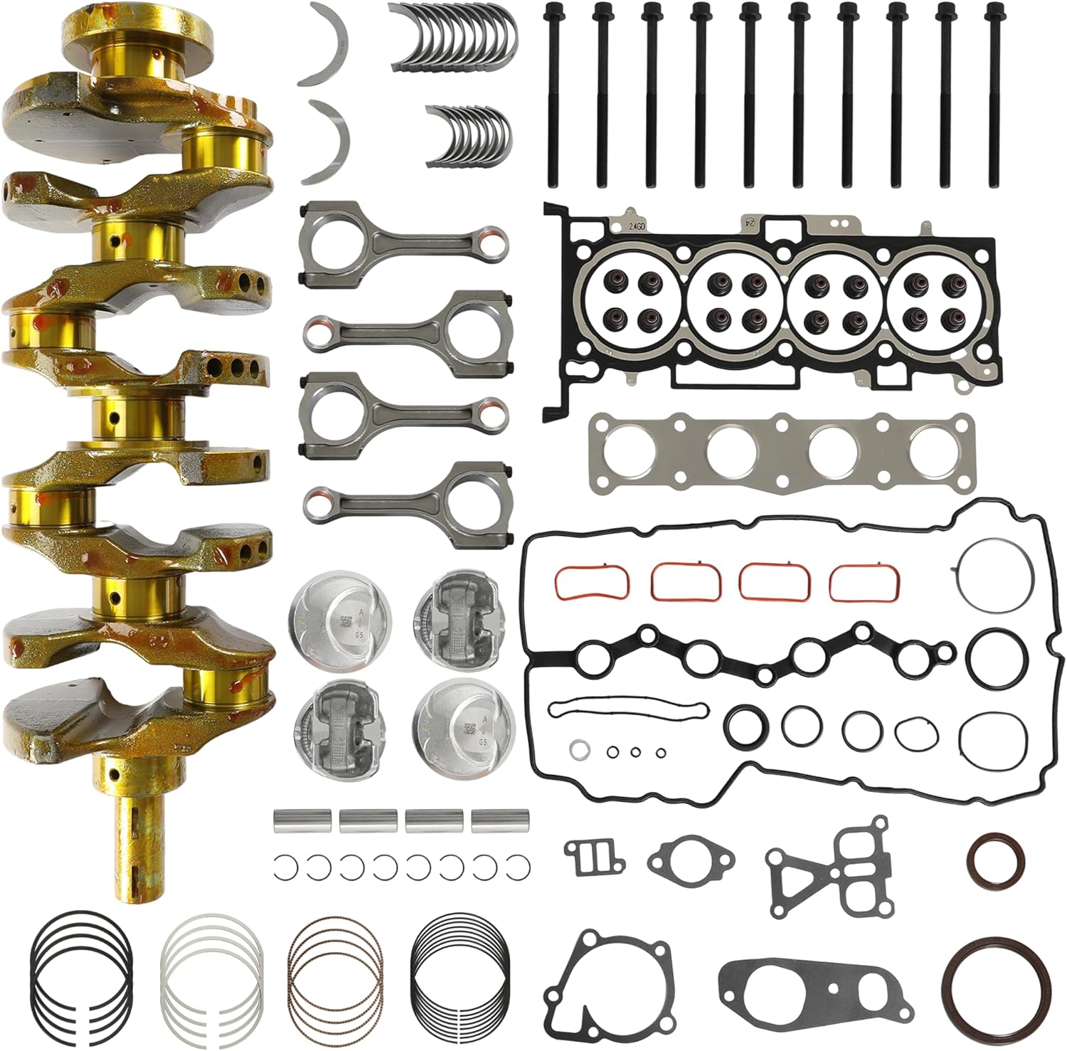 G4KJ 2.4 Engine Rebuild Overhaul Kit w/Crankshaft Head Gasket Set Piston Set Fit for Kia Optima Sportage Sorento Hyundai Sonata Tucson Santa Fe 2.4L L4 2011-2016 23111-2G200 23510-2G500