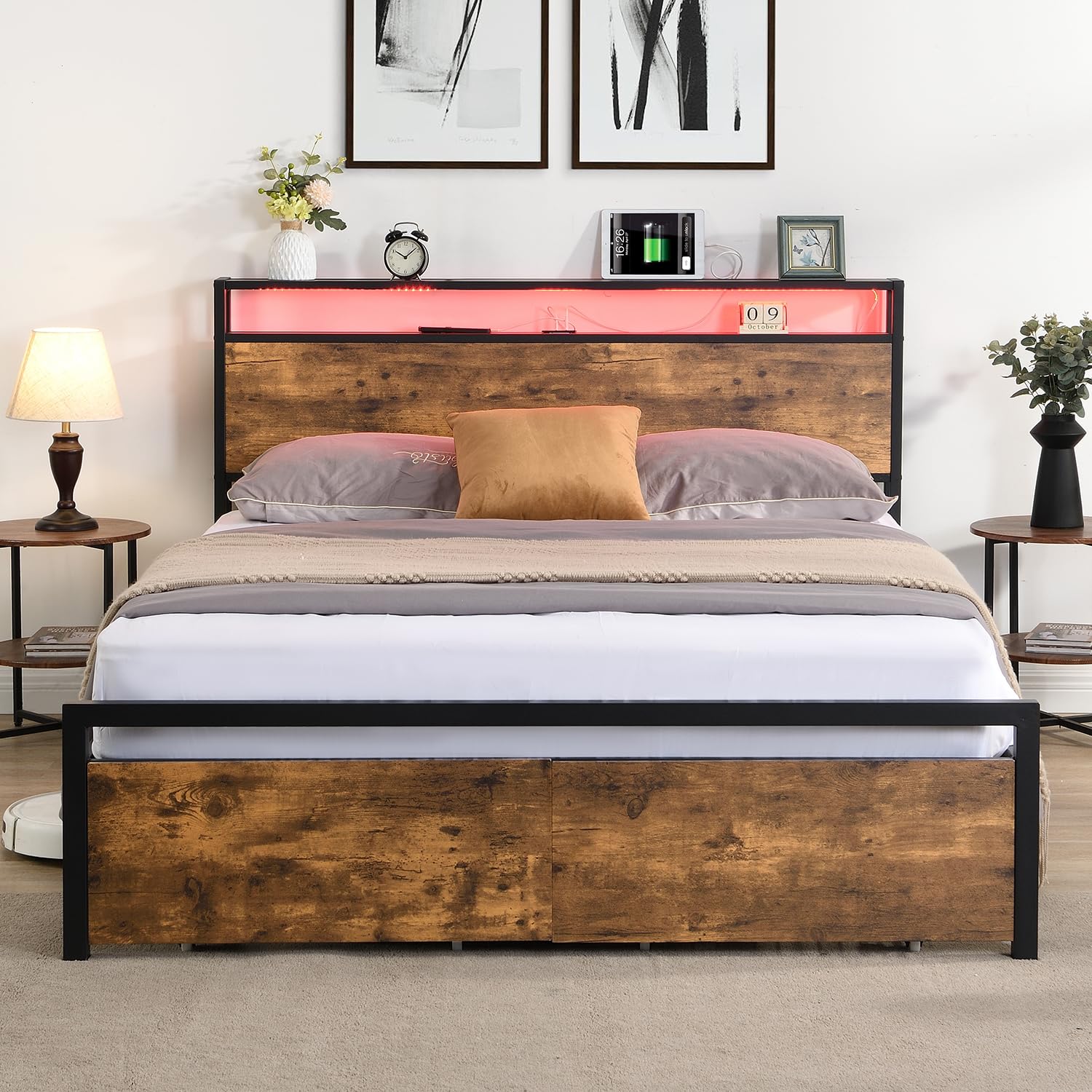 Full Size Bed Frame with Storage Headboard and 2 Drawers, LED Lights Bed with Charging Station, Metal Platform Bed No Noise, Mattress Foundation Strong Metal Slats Support No Box Spring Needed