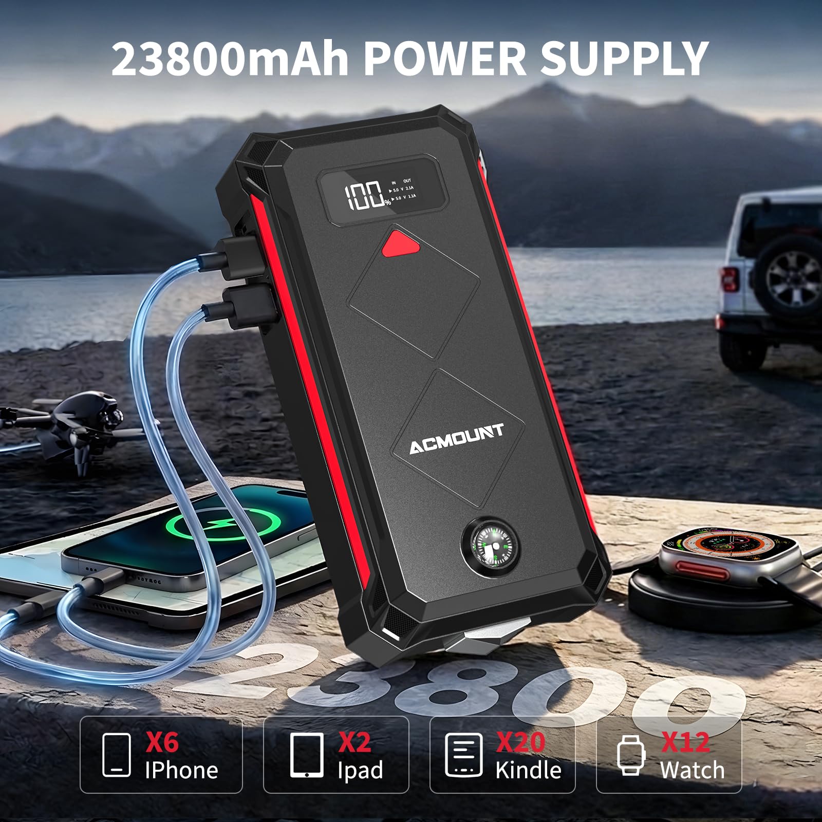 7000A Jump Starter Power Bank, 23800mAh Rozrusznik Samochodowy, Przenośny Wzmacniacz Baterii 12 V(Do 12L Benzyna/10L Diesel) Booster Baterii z Latarką LED, Kablami Rozruchowymi, USB i Kompasem