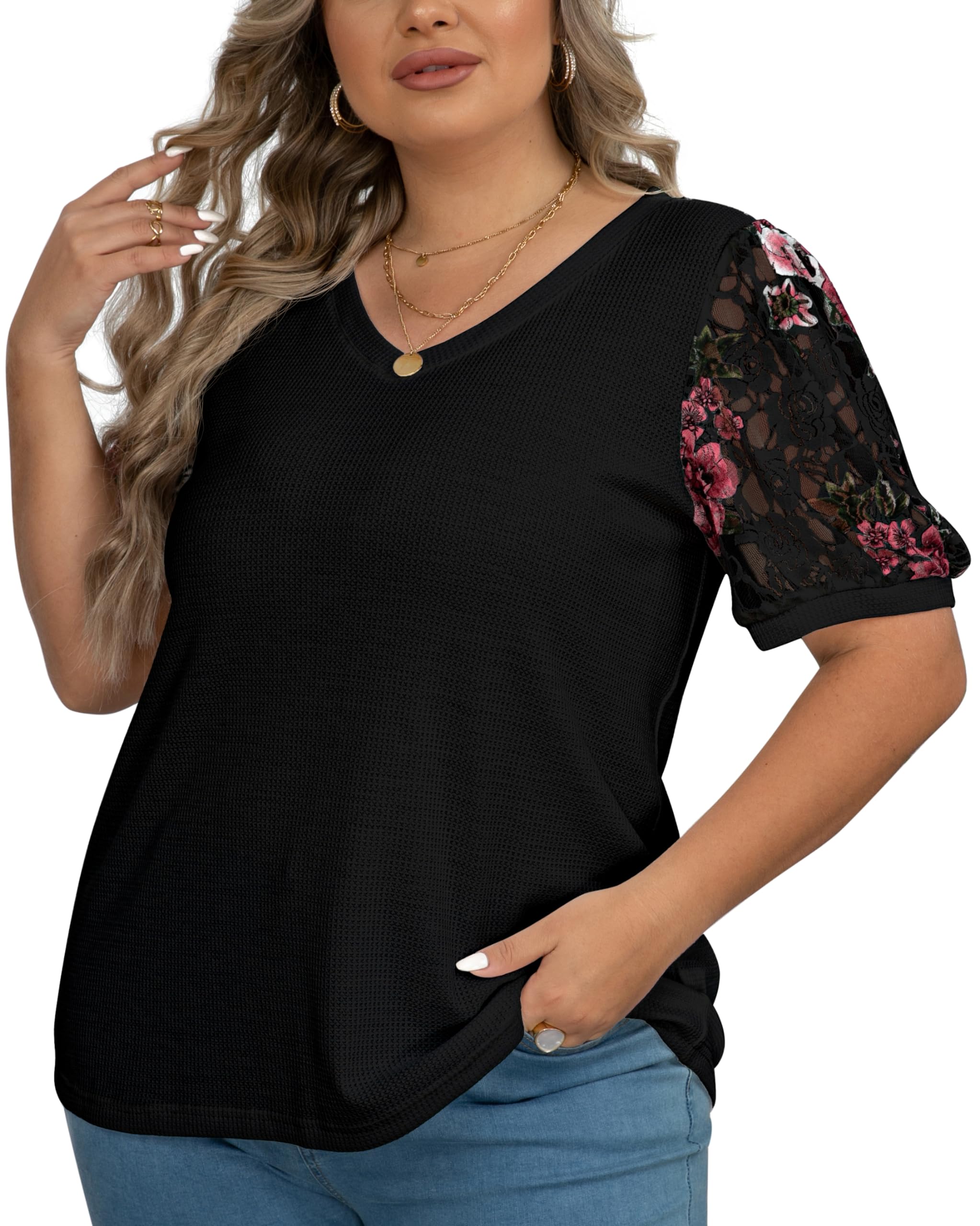 OLRIK Plus Size Clothes for Women Lace Blouse Waffle Knit Short Sleeve Womens t Shirts Casual Loose Tunic