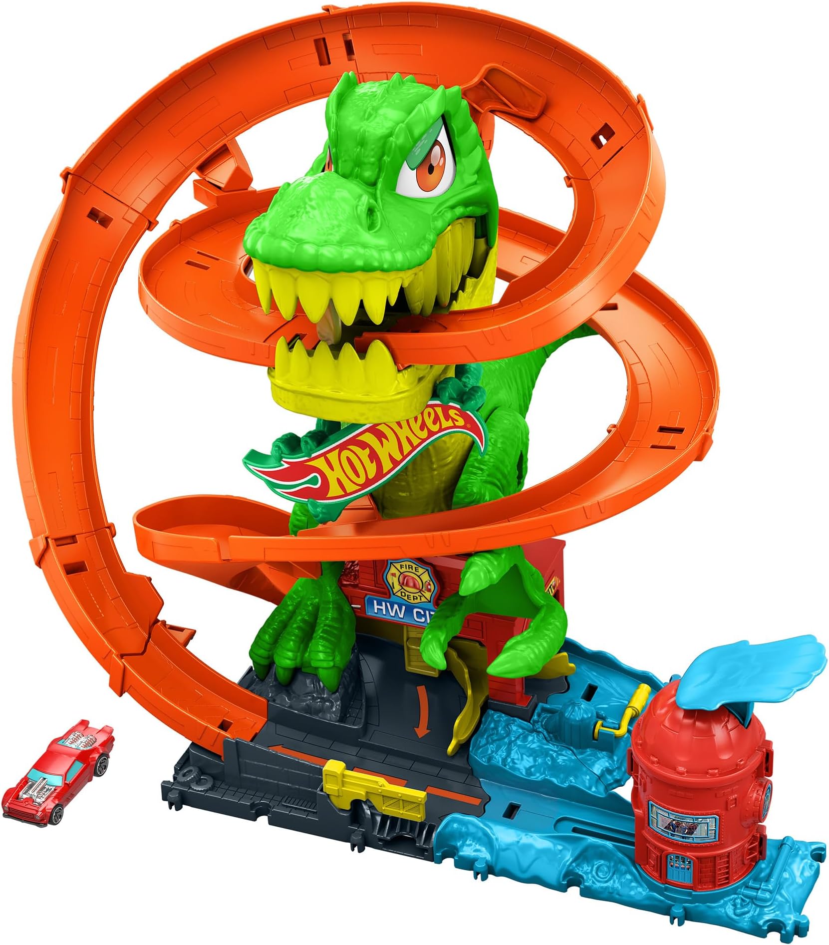 Hot Wheels T-Rex Battle Playset, Includes 1 Mini Car, Toy Vehicle Playset, Ages 4 and Up, Orange JBM73