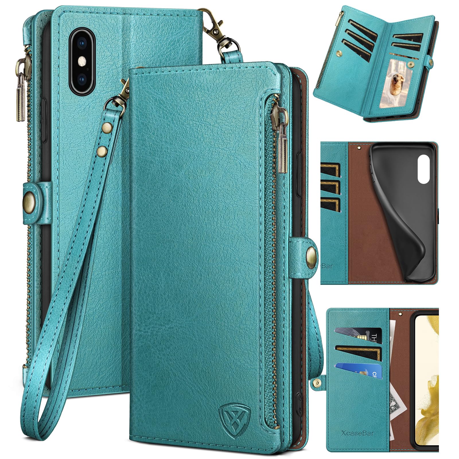 Photo 1 of XcaseBar for iPhone X/XS Wallet case with Zipper Credit Card Holder?RFID Blocking?, Flip Folio Book PU Leather Phone case Shockproof Cover Women Men for iPhone X/XS case Blue Green