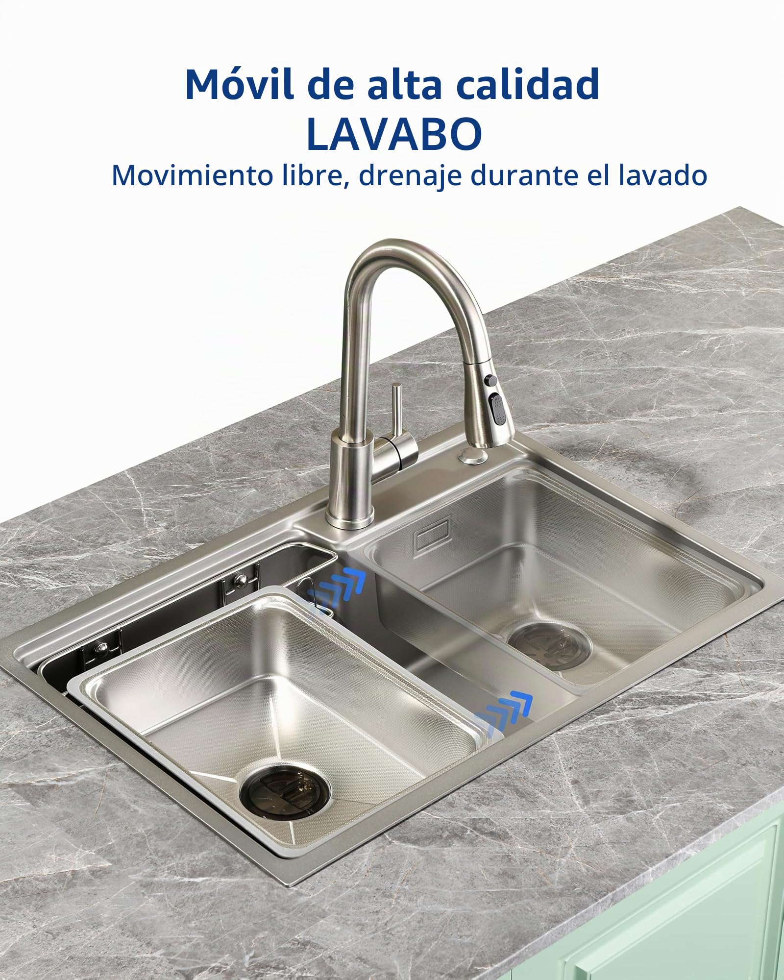 Fregadero de Cocina de Acero Inoxidable 68x46 cm, 1 Cubeta con Sifón, Desbordamiento y Accesorios de Vaciado, Fregadero Moderno Multifuncional para Encimeras > 80 cm (Plateado)