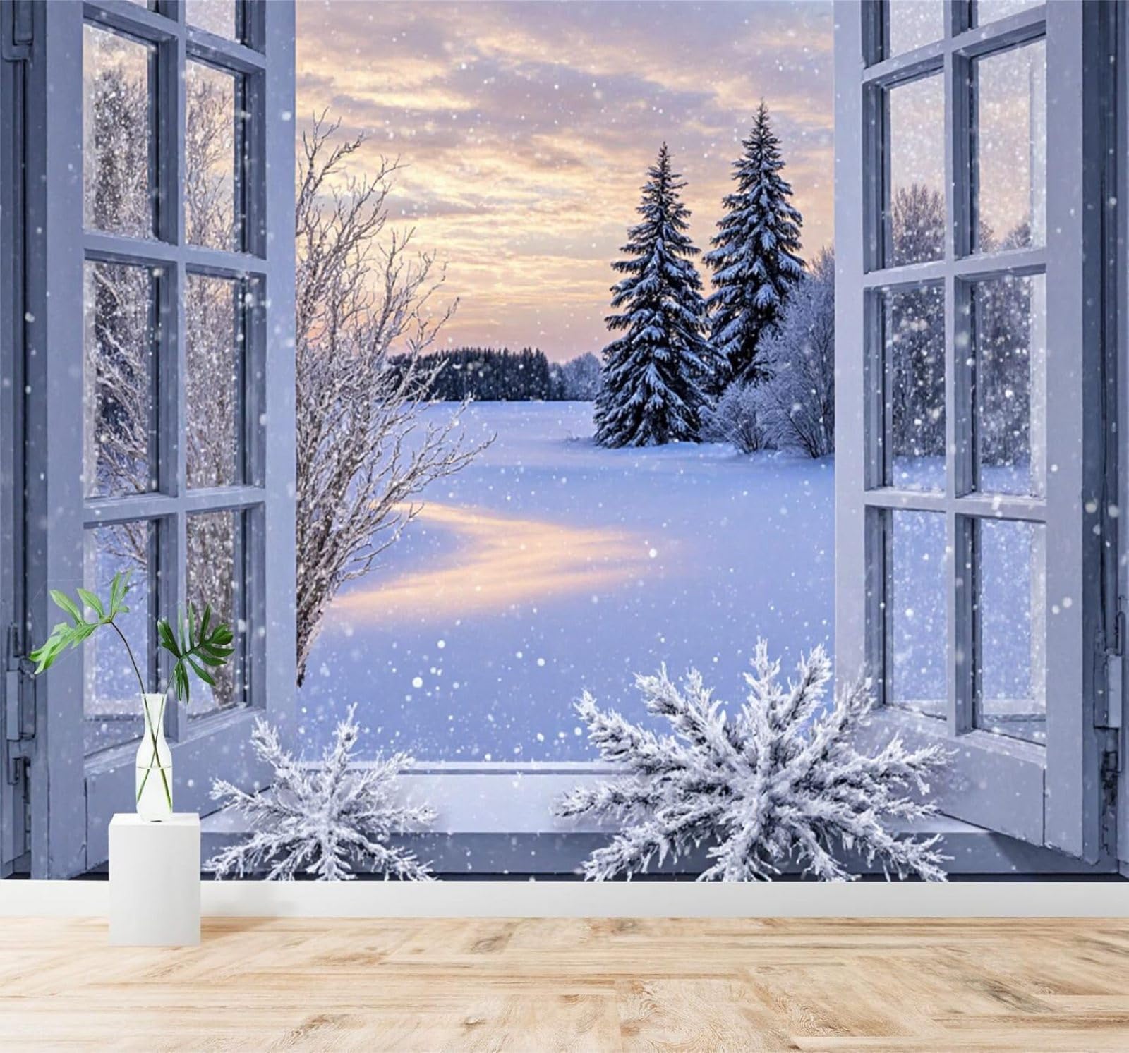 Tzxztt Window Pine Tree Sunset Sky Winter Snowy Landscape Modern 3D Wallpaper Premium Textured Silk Neutral Tones Material Ideal for Living Room Bedroom-400cm×280cm
