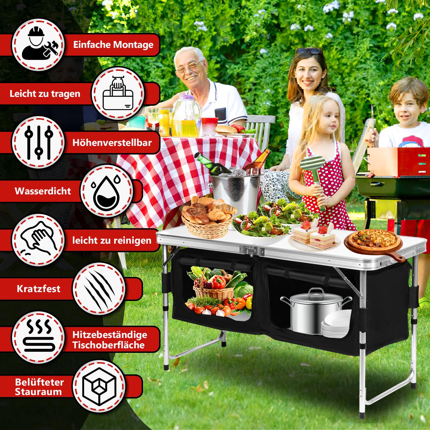 Cuisine de camping - Armoire de camping avec structure en aluminium - Pliable - Avec plan de travail résistant à la chaleur - Hauteur réglable - Pour le camping et l'extérieur - Sac de