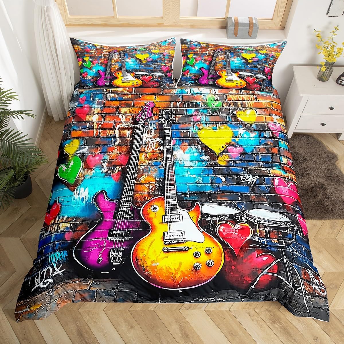 Electric Guitar Duvet Cover Set Twin Size,Tie-dye Graffiti Brick Wall Bedding Set,Boys Girls Room Decor,Rock Music Modern Artwork Comforter Cover,Corlorful Quilt Cover,1 Pillowcase(No Comforter)