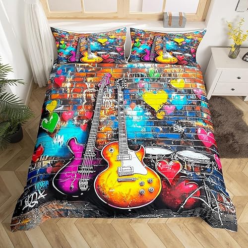 Miniatura 7 de Juego de funda de edredón de guitarra eléctrica, tamaño matrimonial, juego de ropa de cama con notas musicales de rock, disco de vinilo, decoración