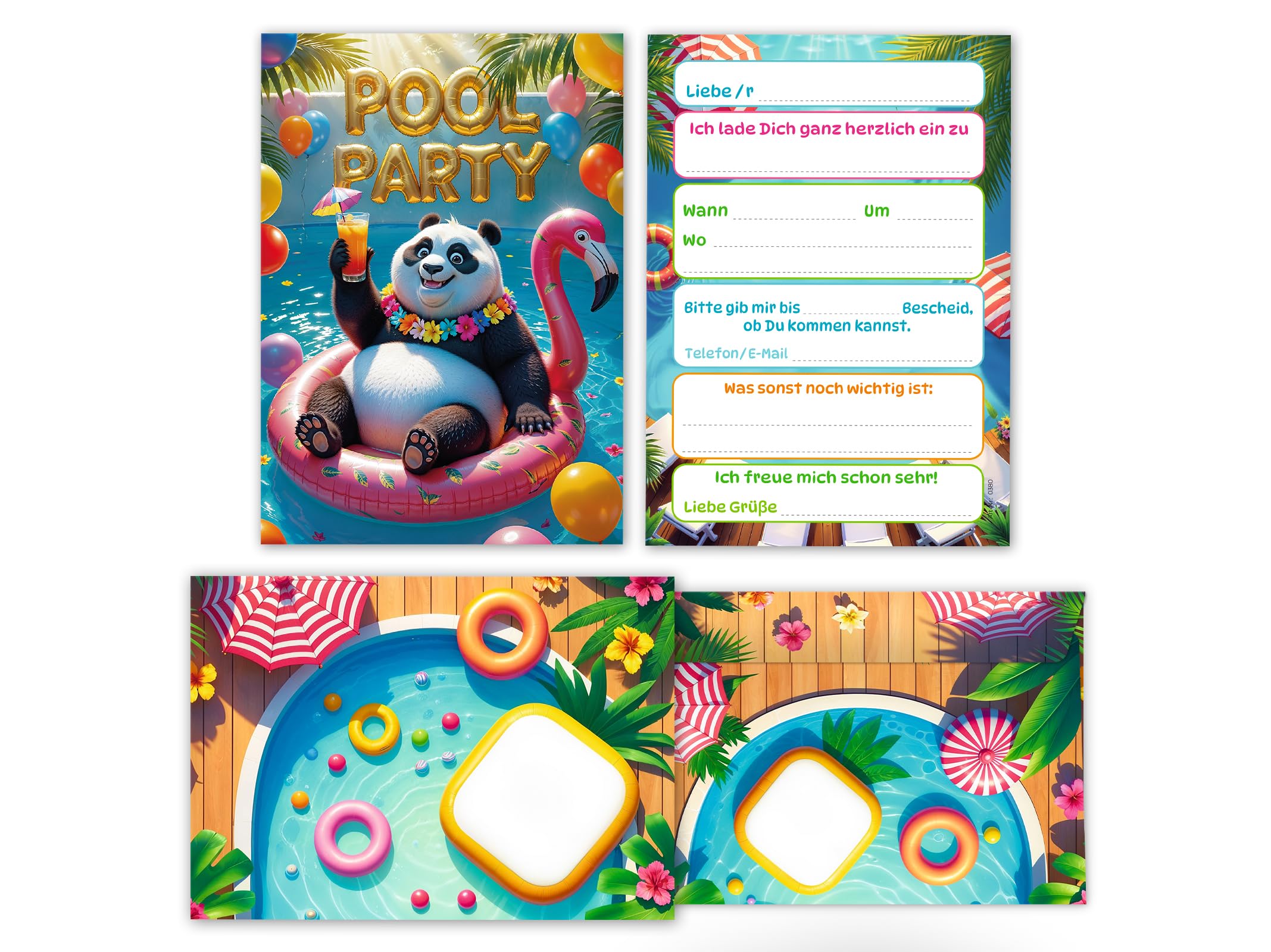 Junaversum 12 Einladungskarten inkl. 12 Umschläge zum Kindergeburtstag Schwimmbad Pool Party Panda Mädchen Jungen Kinder Einladungen Geburtstag Geburtstagseinladungen Kids