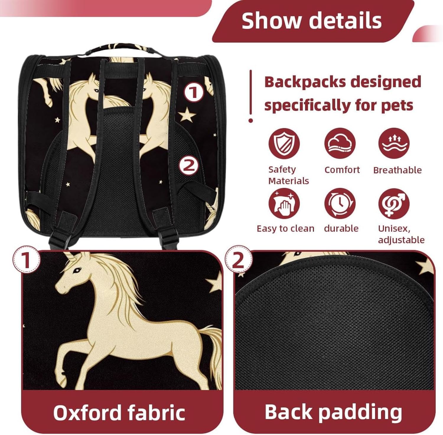 Gold Unicorn (9) Cat Backpack Carrier, Large Pet Backpack for Medium Small Dog Cat Puppy Kitty Bunny