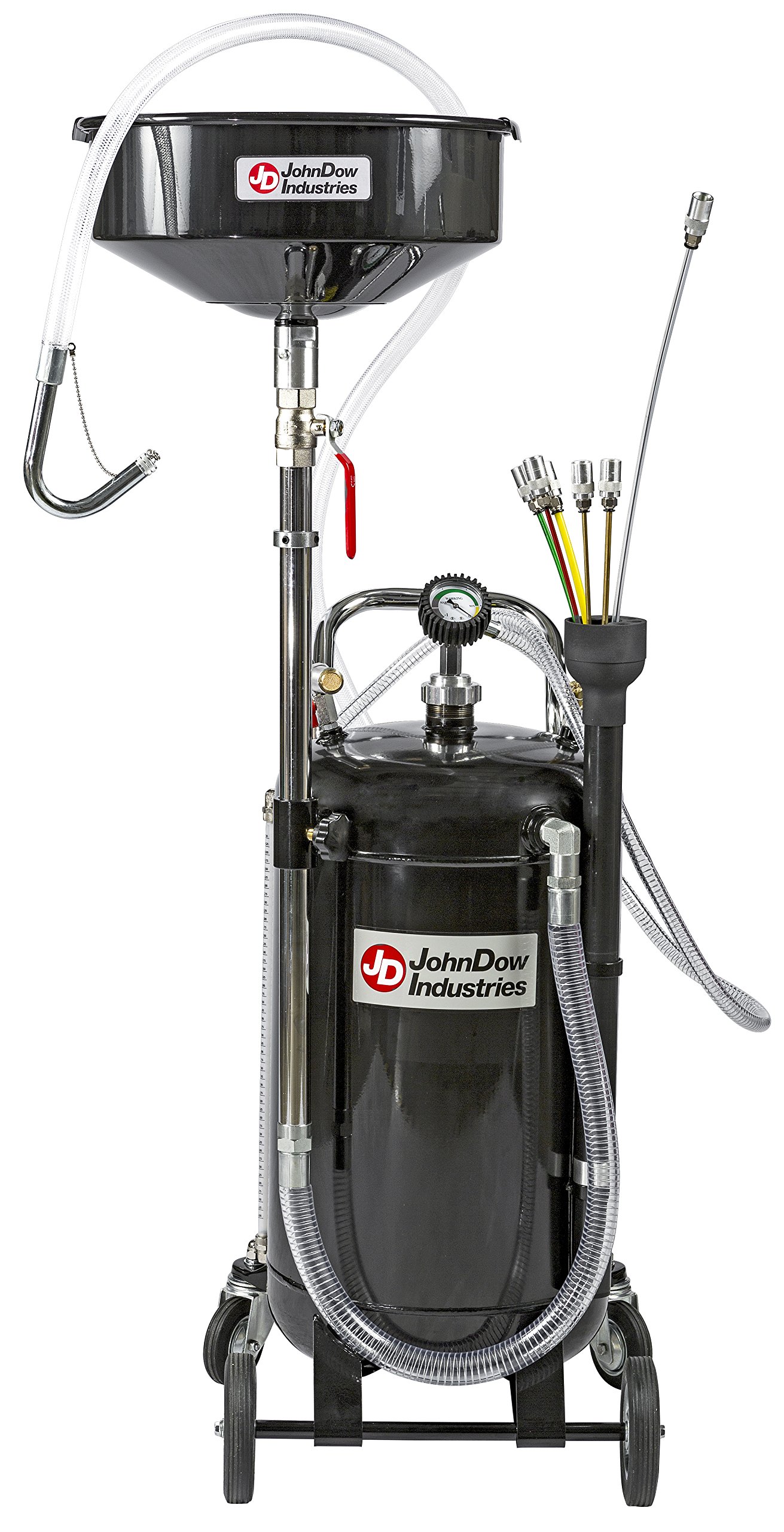 JohnDow Industries JDI-20COMBO Combination Fluid Evacuator and Used Oil Drain, Self-Evacuating, 6 Foot Nylon Reinforced Discharge Hose with J-Hook, 20 Gallon Capacity