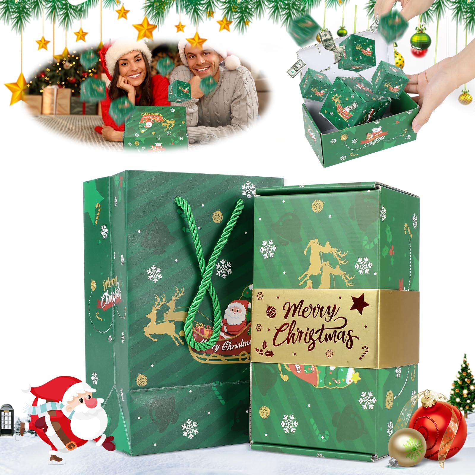 Funoio Surprise Gift Box Explosion, Merry Christmas Pop-Up Gift Box (Elk, 12 Pages)