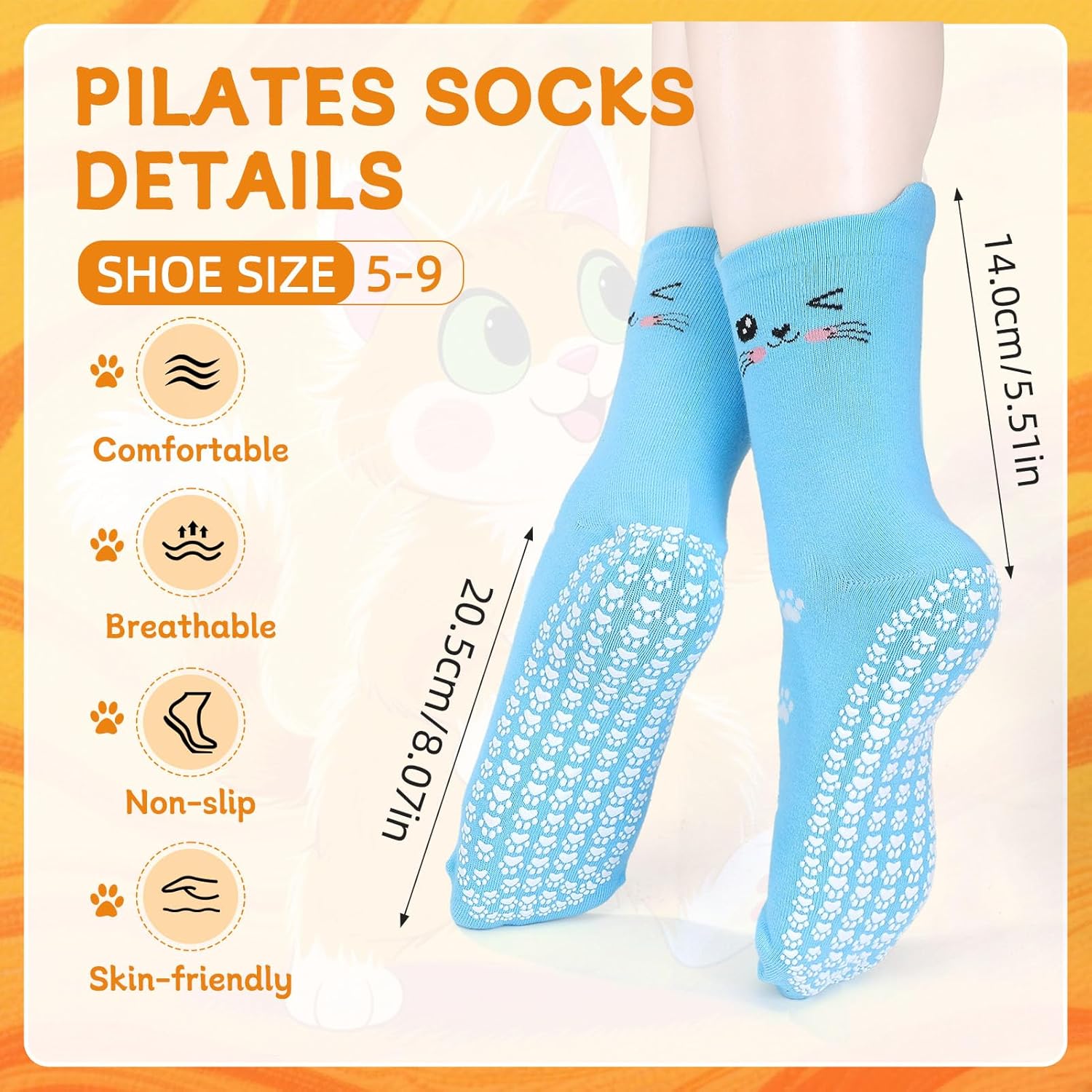 5 Pair Cute Cat Pilates Socks with Grips for Women Cotton Non Slip Grippy Socks with Cat Paw Pattern for Barre Workout Hospital - Image 2