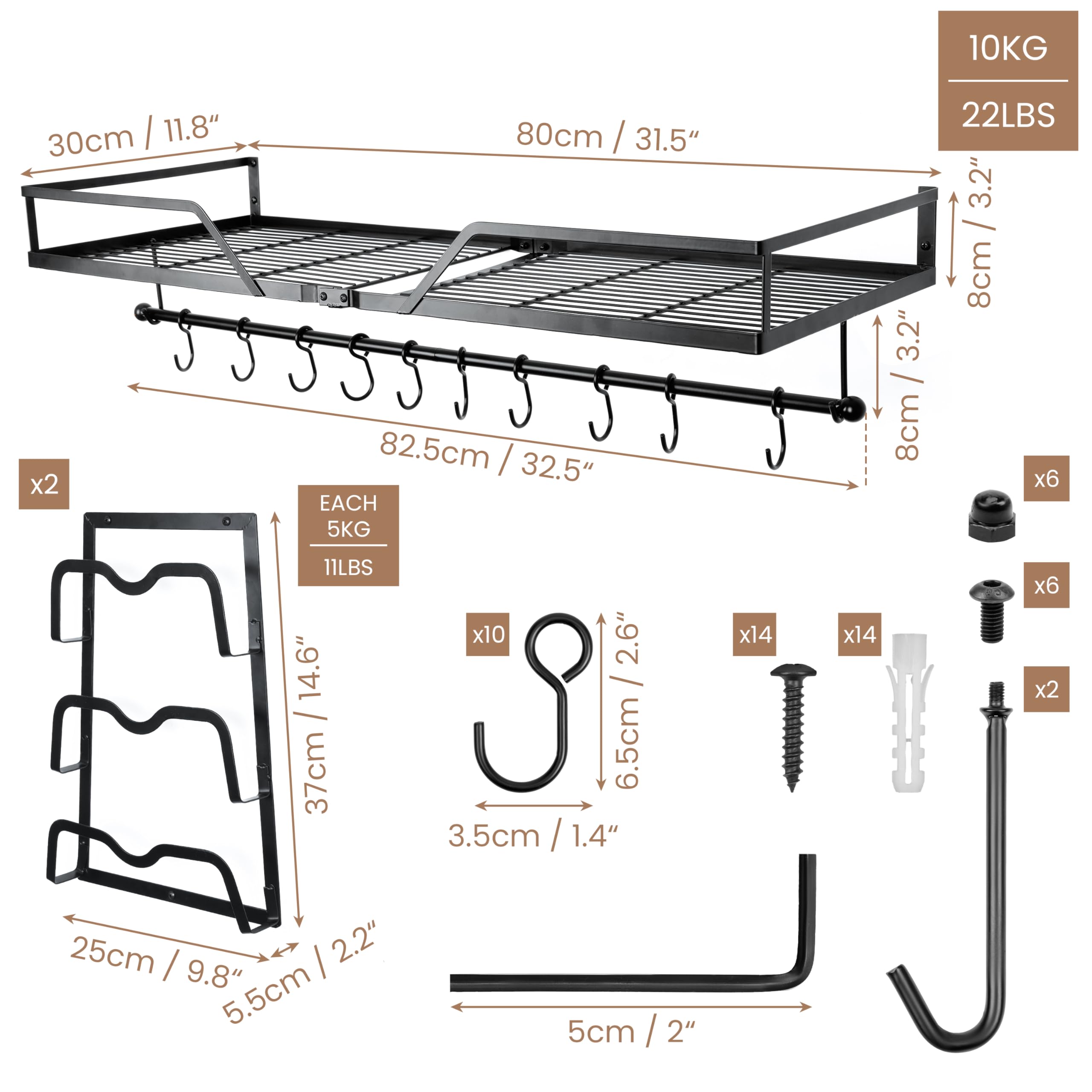BELLE VOUS Organizer per Pentole e Padelle - 3 in 1 - Scaffale da Cucina in Metallo - Mensola con Barra Portautensili - con Ganci e Porta Coperchi - Appendi Utensili da Muro