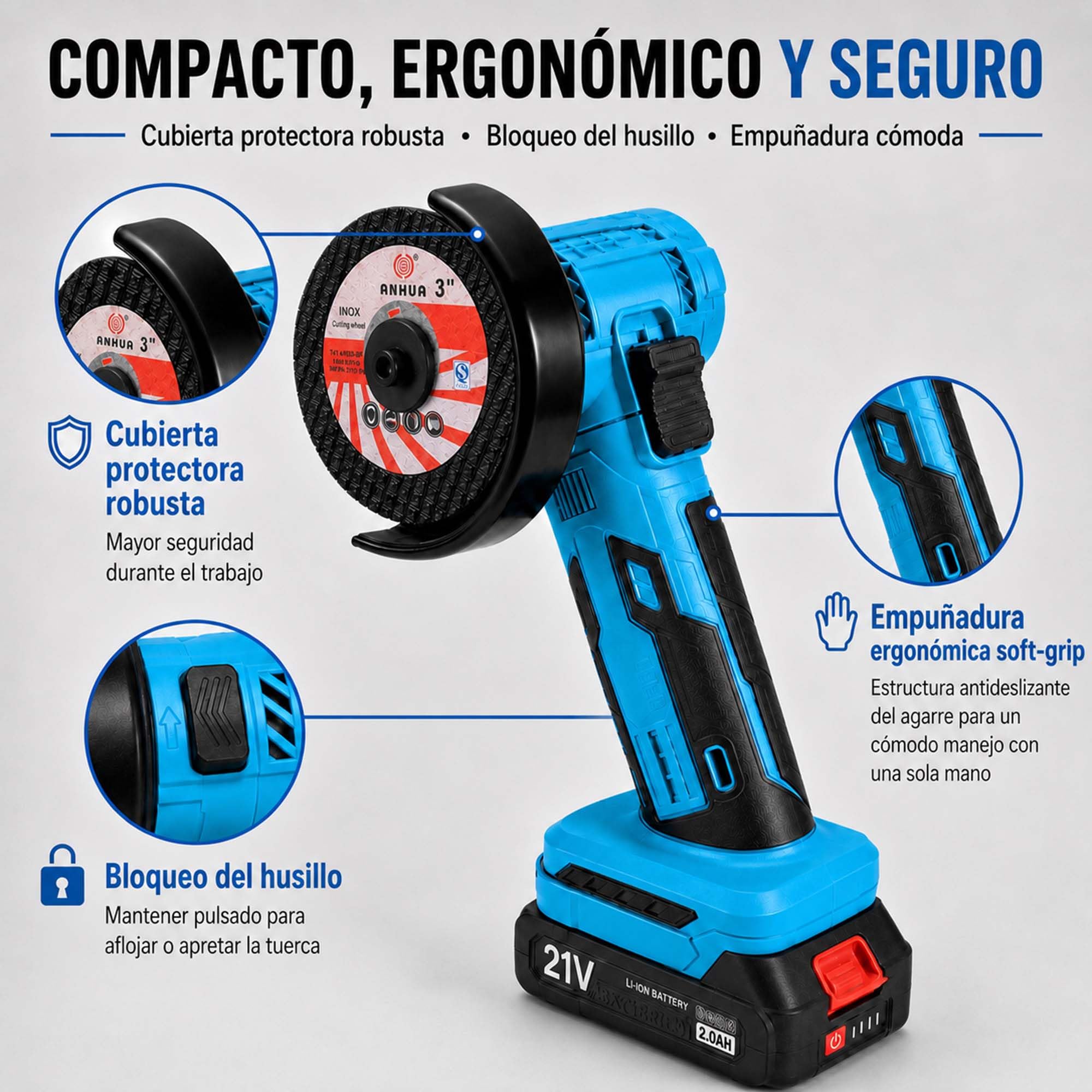 Mini amoladora 21V Max, 76 mm, sin escobillas, 2 baterías, 19.000 rpm | 8 discos para metal, azulejos, madera, plástico y PVC, ideales para cortar, lijar y trabajar distintas superficies.