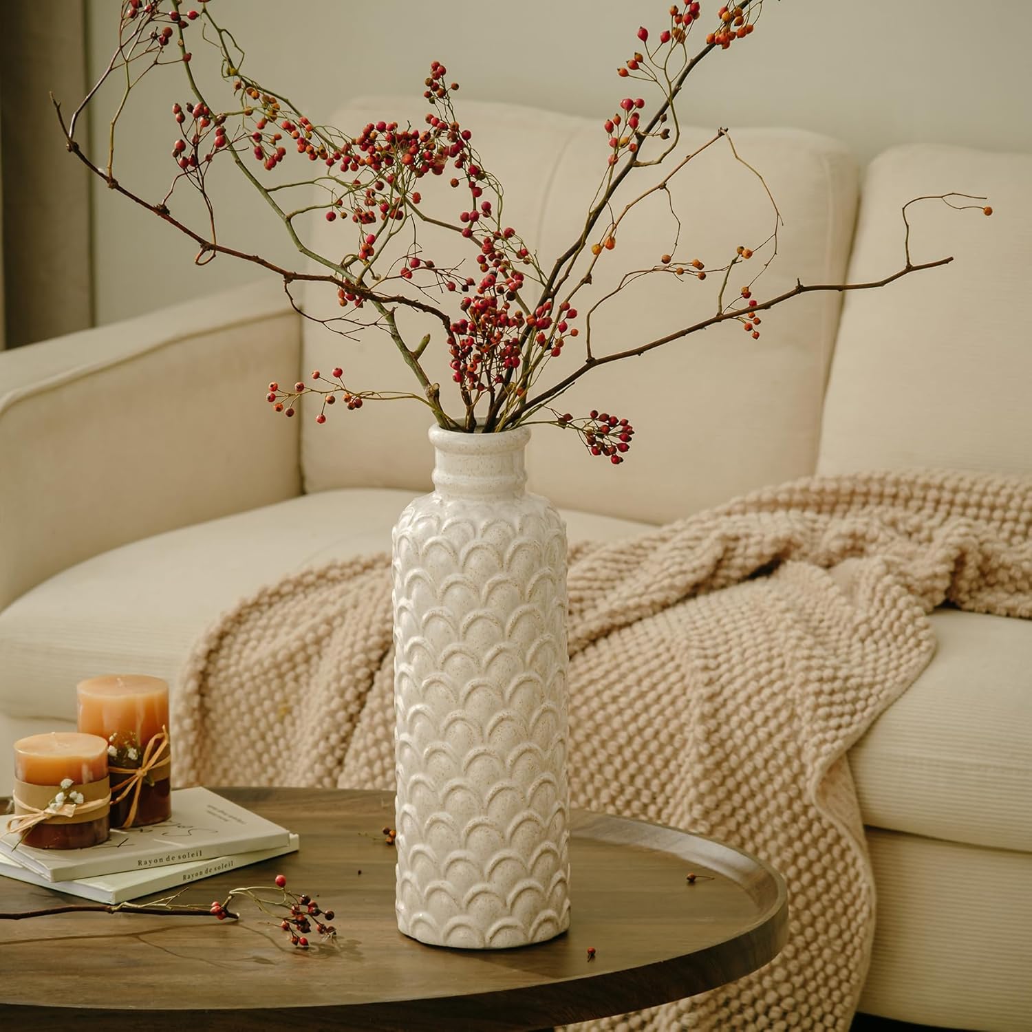13.98” Large Ceramic Flower Vase, Rustic Farmhouse Decorative Vase for Home Decor, Centerpiece, Pampas Grass, Living Room, Bedroom, Kitchen