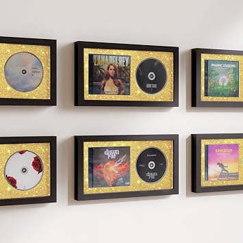 1 Pc CD Display Frame, 14.4" x 7.7" Display Disc and CD Box, Made of Solid Wood for Self Standing, Home Decor CD Frame Display for Music Enthusiast Glitter Golden