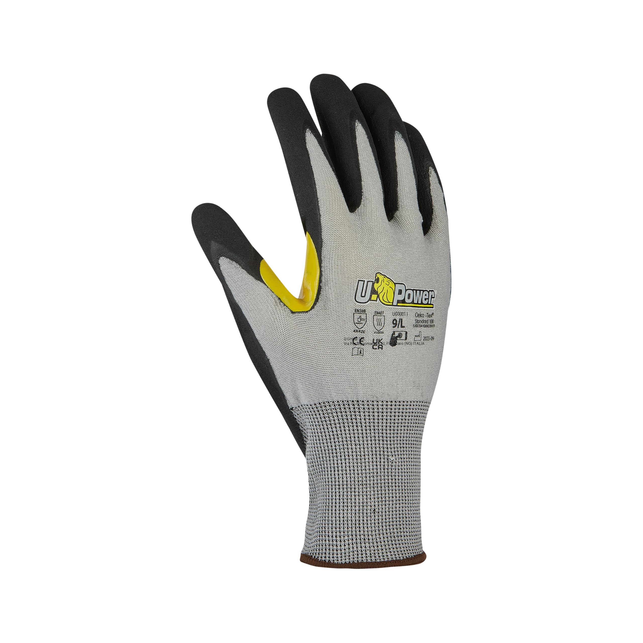 U Power Kai Guante trabajo Soporte HPPE Nylon tungsteno y spandex Recubrimiento nitrilo Refuerzo entre índice resistencia al corte policial y protección contra riesgos mecánicos Gris 11/XXL 12 piezas
