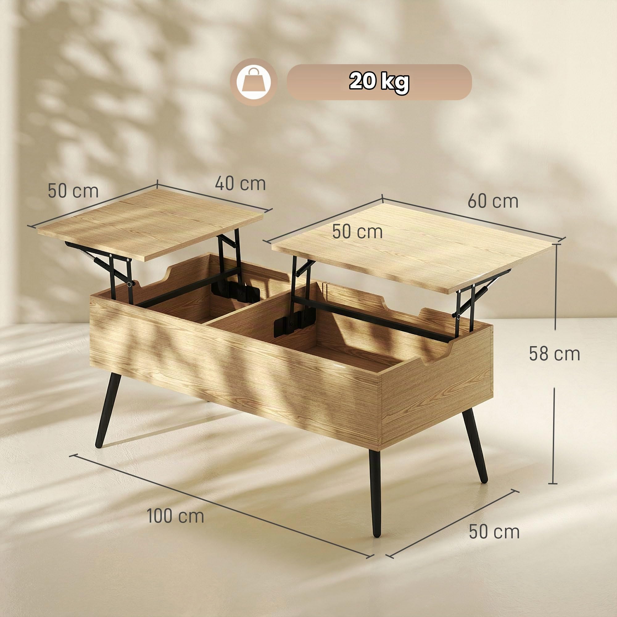HOMCOM Table Basse Relevable avec Double Plateau 100x50x58 cm Bois Naturel