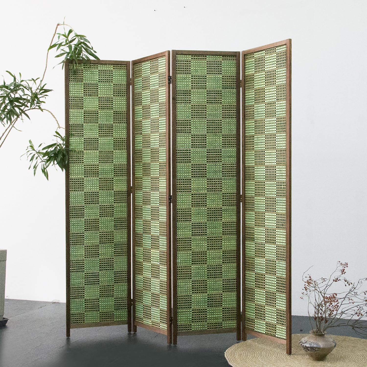 Photo 1 of Furnnylane 4 Panel Room Divider Screen and Folding Panel Screen,Double Sided Bamboo Divider for Room Separation,Emerald Square,67" H x 63" W