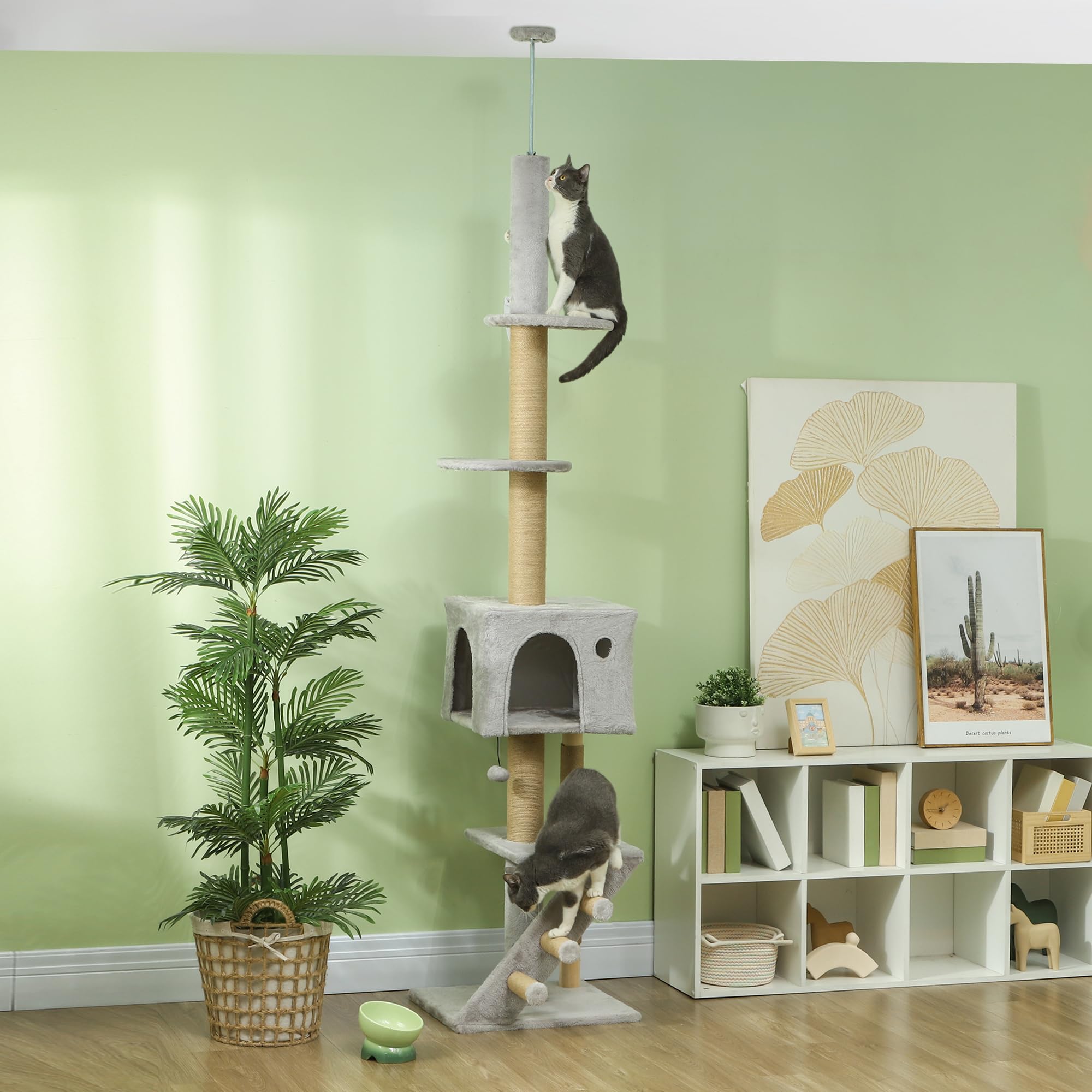 PawHut Árbol para Gatos de Suelo a Techo con Escalera 225-255 cm Gris Claro | Árbol Rascador para Gatos, Altura Ajustable, Múltiples Plataformas, Bola Colgante