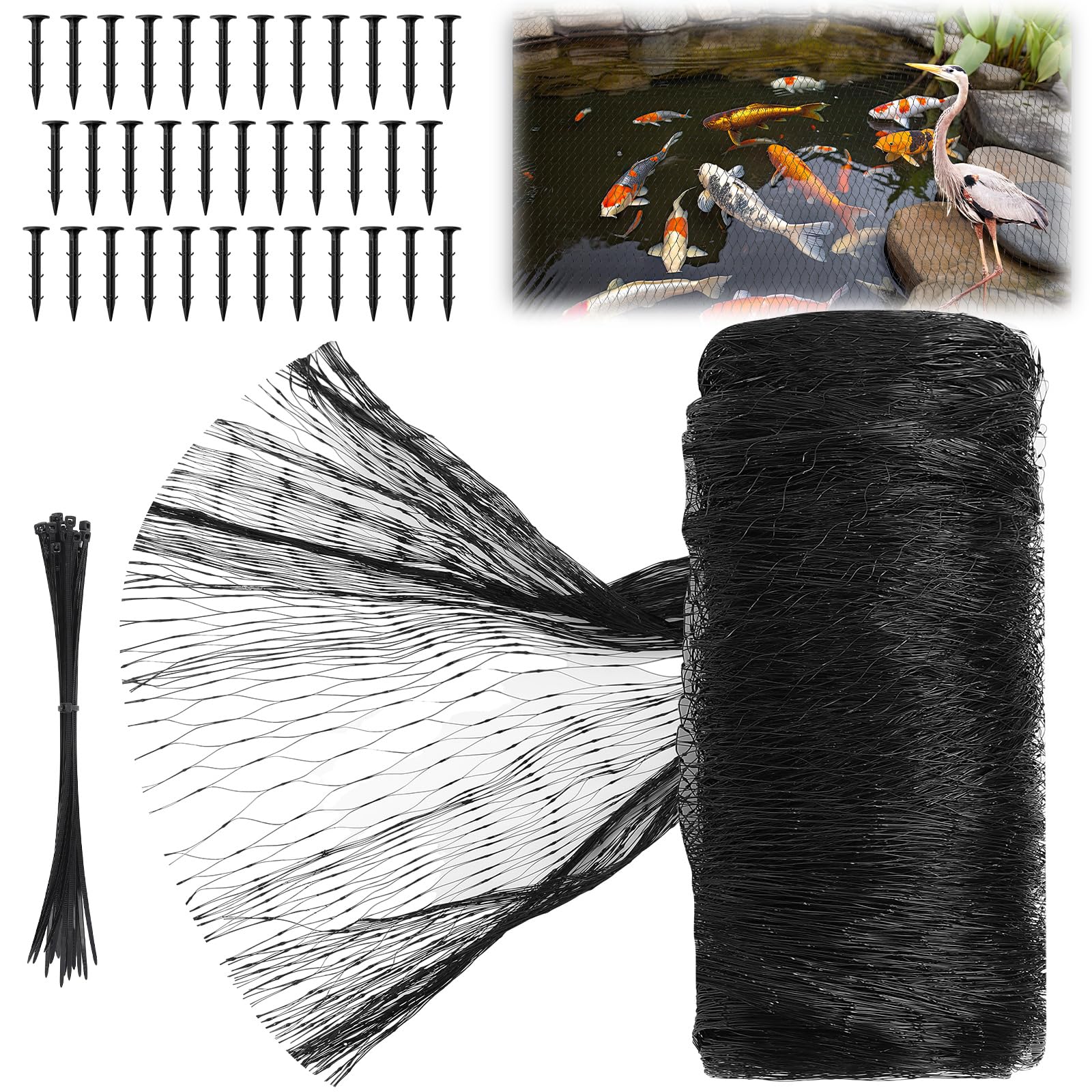 Koi Pond Netting Kit 28 x 30ft, Bird Deer Fence Netting, Durable Net Cover for Leaves, Heavy Duty Fine Mesh, Protect Fish from Blue Heron Birds, Cats &amp; Predators, 35pcs Stakes &amp; Ties Included