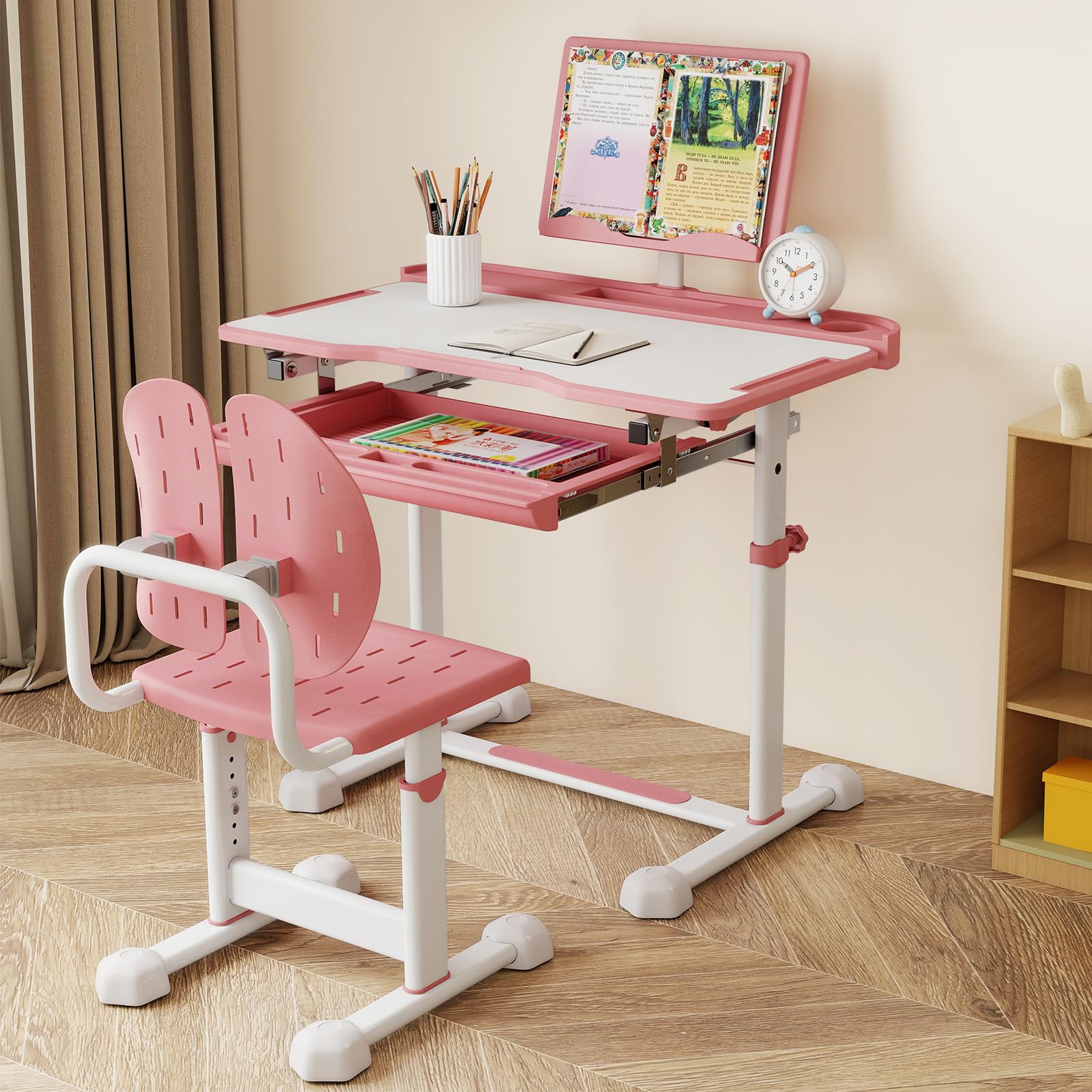 COSTWAY Schreibtisch Kinder mit Stuhl, Kinderschreibtisch höhenverstellbar mit neigbarer Tischplatte, Jugendschreibtisch mit Schublade & Buchständer für Jungen & Mädchen ab 3 Jahren (Rosa)
