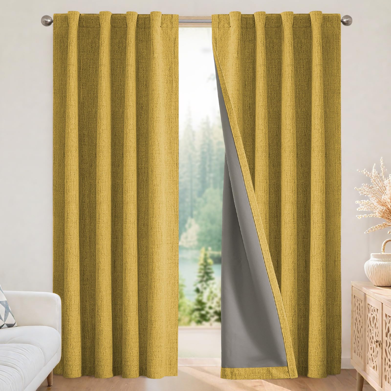 Joydeco Blackout Curtains for Bedroom - 90 Inch Long 100% Light Blocking 2 Panels Set Yellow Drapes, Thermal Insulated Room Darkening Curtains, Linen Textured for Living Room, Rod Pocket &amp; Back Tabs