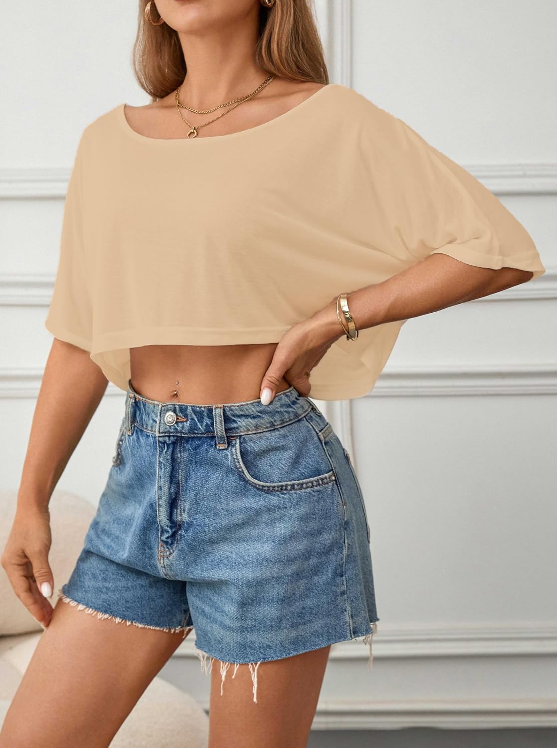 Women's Sheer Mesh Off Shoulder Crop Top See Through Short Sleeve Loose Fit Summer Tee Shirt for Beach Cover up - Image 2