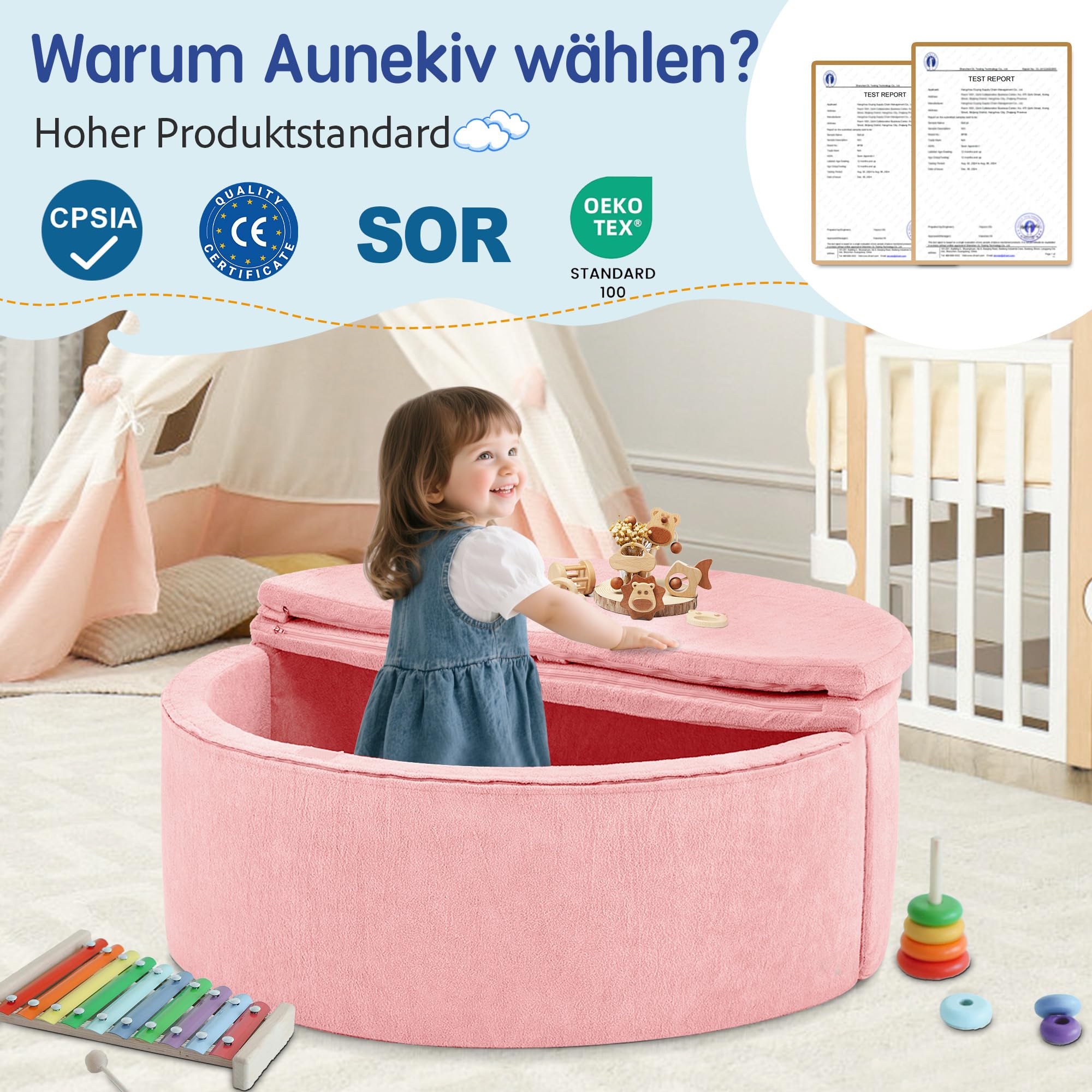Bällebad ohne Bälle für Baby ab 1 Jahr, 7-in-1 Multifunktionales Schaumstoff Bällepool Ballgruben Kinder, Rosa