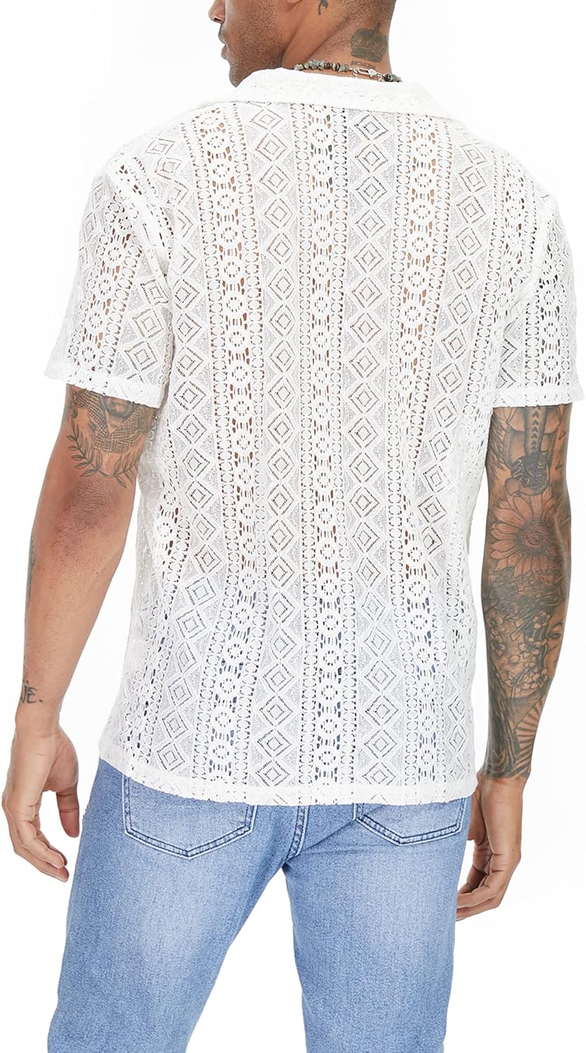 URRU Mens Floral Lace Shirt Short Sleeve Hollow Out Sheer See Through Casual Button Down Shirts - Image 4