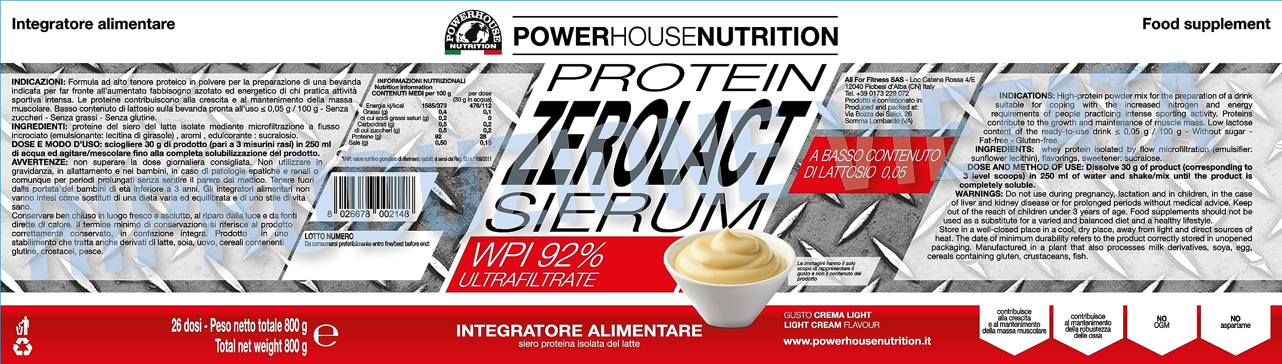 Proteine Senza Lattosio ZAROLACT SIERUM di Powerhouse Nutrition, Proteine del Siero del Latte Ultrafiltrate e Facilmente Digeribili, Made in Italy, Proteine Whey Isolate Gusto 'Crema Light' (800g)