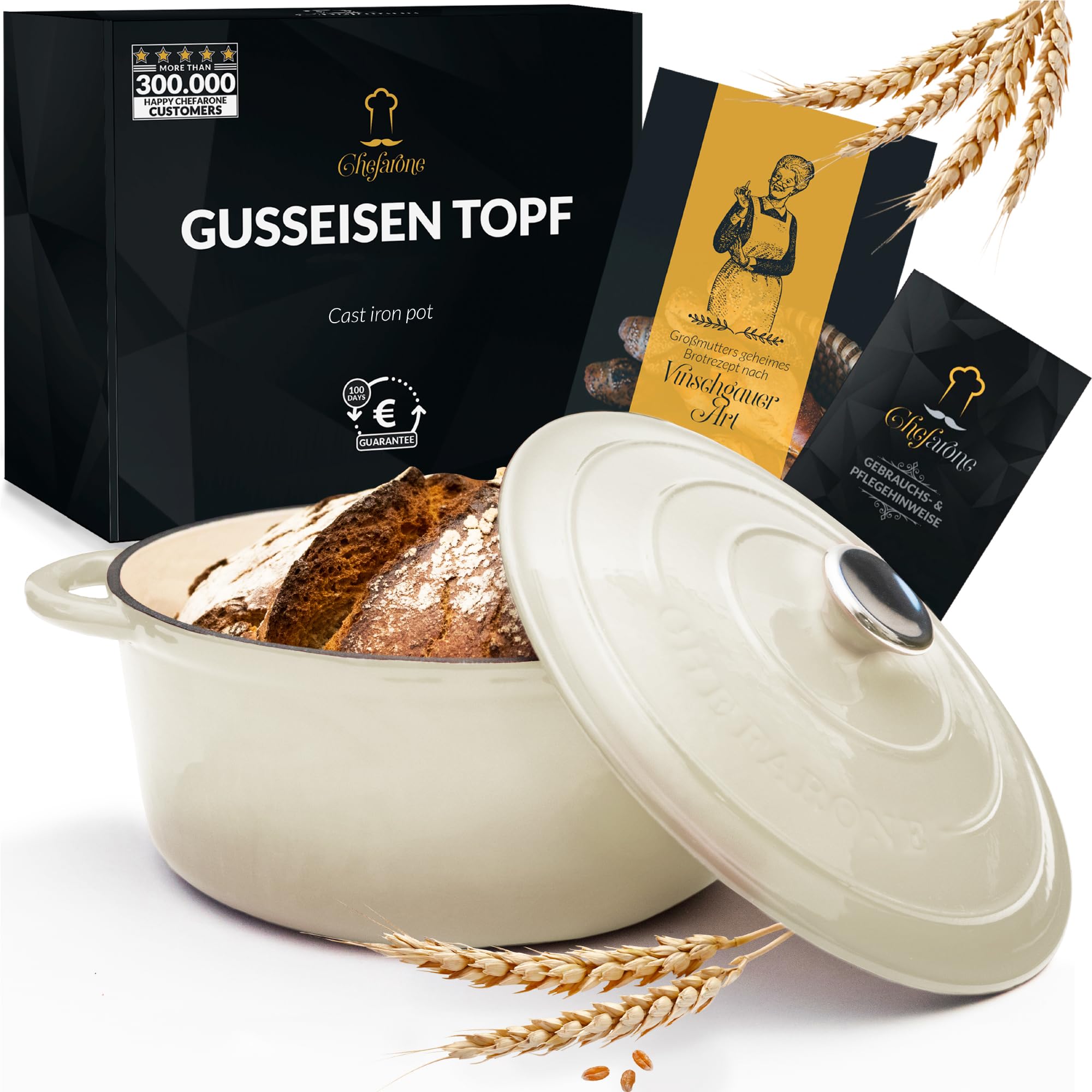 Chefarone Gusseisen Topf 26 cm 4,7 L emailliert - Schmortopf mit Deckel Induktion - Gusseisen Bräter Topf Brot backen - Cocotte emaille - Bratentopf - Brotbacktopf