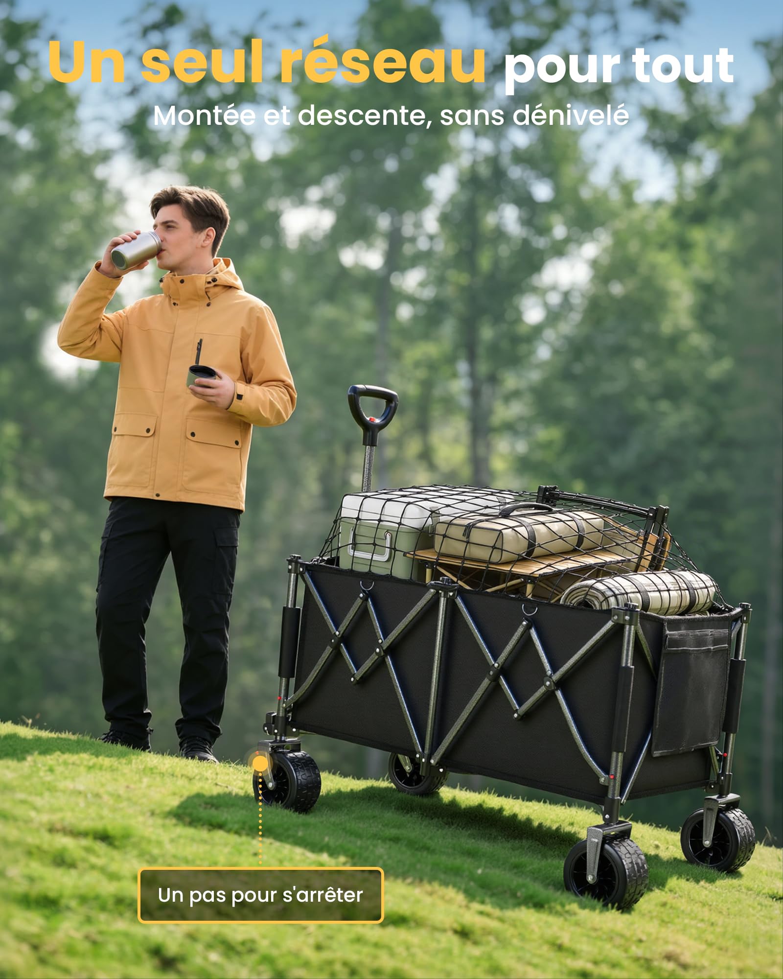 YEAUPE PRO Chariot Transport Pliable 260L 250KG, Chariot de Plage Pliable Roues Tout-terrain17x10 cm. Freins Doubles, Pliage Compact. Idéal pour Les Plages, Le Camping, Les Activités de Plein Air