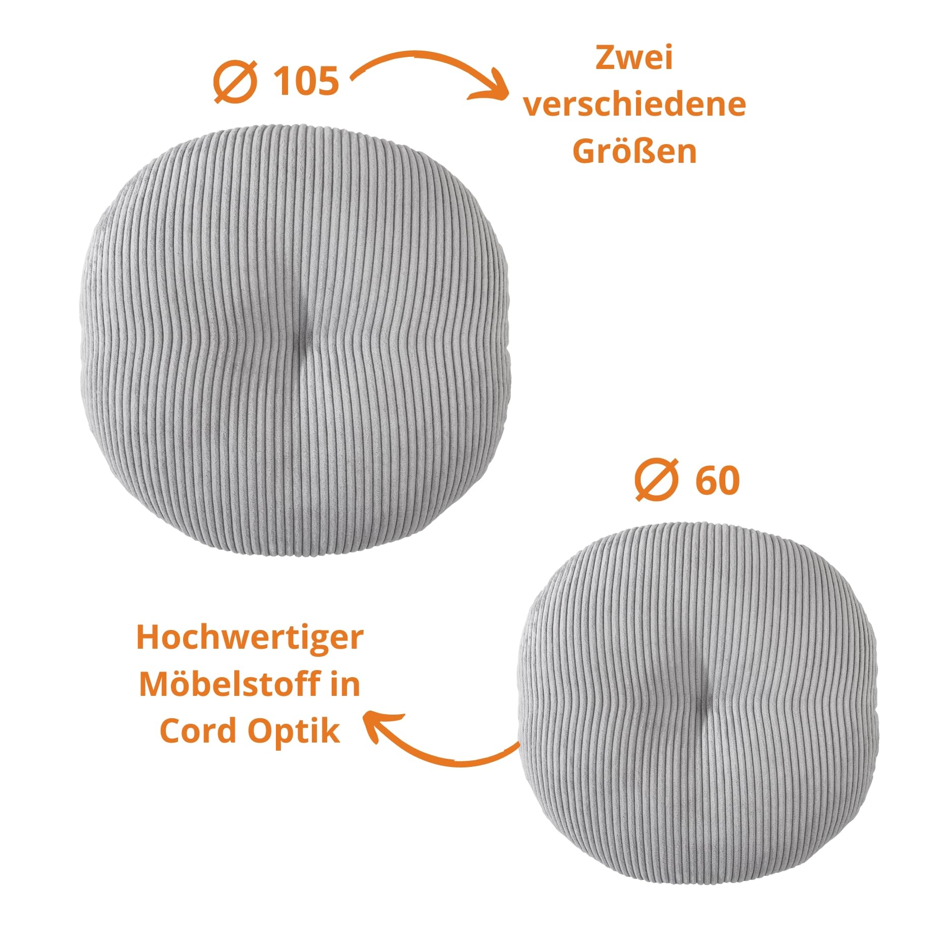 sleepling Meditationskissen, Kord Bodenkissen Groß, Yoga Kissen, Sitzkissen Boden, Yogakissen Rund 105 cm, Sitzhöhe 25 cm Oeko-TEX, Made in EU, hochwertiger Möbelstoff, grau