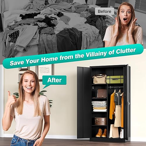 Miniatura 7 de Armario de Metal con Cerradura, Armario de 72 pulgadas con Barra para Colgar, Casillero de Almacenamiento con Cerradura, Armario de Almacenamiento