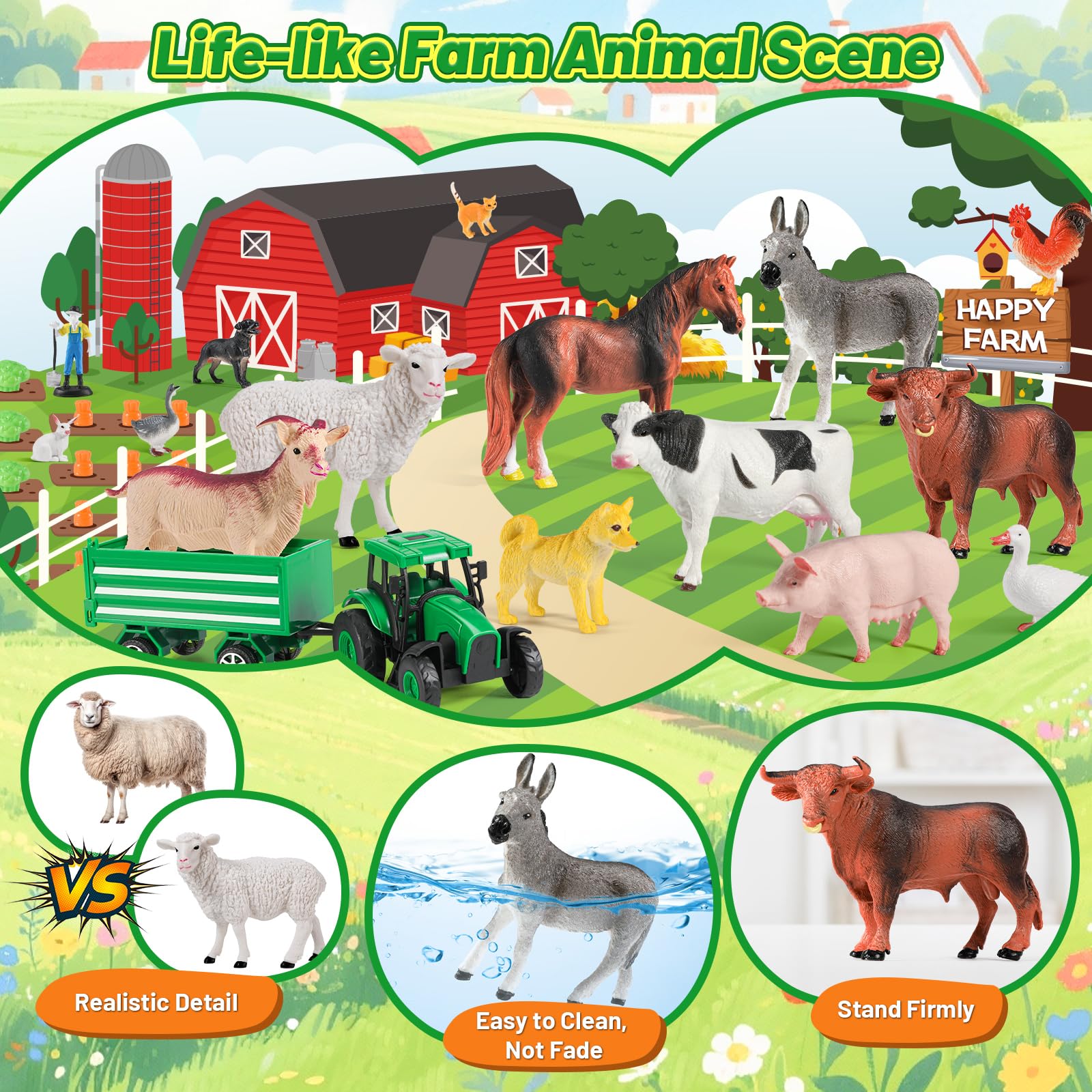 FRUSE Animales de Juguetes con 120 x 80 cm Grande Tapete Juego, 38 Piezas Granja Juguete con Figuras de Animales de Granja Realistas, Tractor Juguete y Valla,Juegos Educativos Niños 3 4 5 6 Años