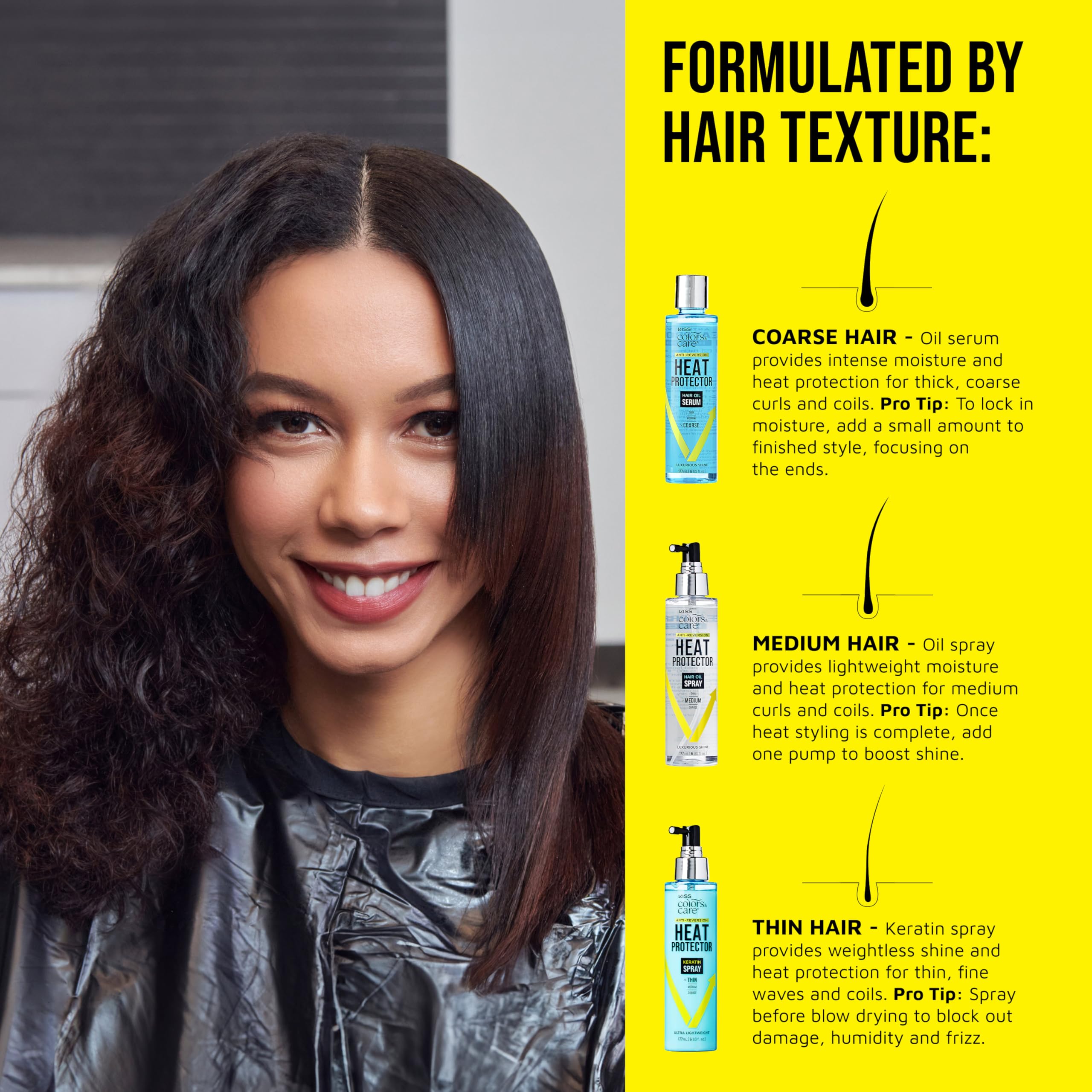 KISS Colors & Care Anti-Reversion Heat Protector Hair Oil Serum for Coarse Hair, 177mL (6 fl. oz.), Shields from Heat Damage, Nourishes & Keeps Hair Sleek and Smooth for Up to 2 Weeks