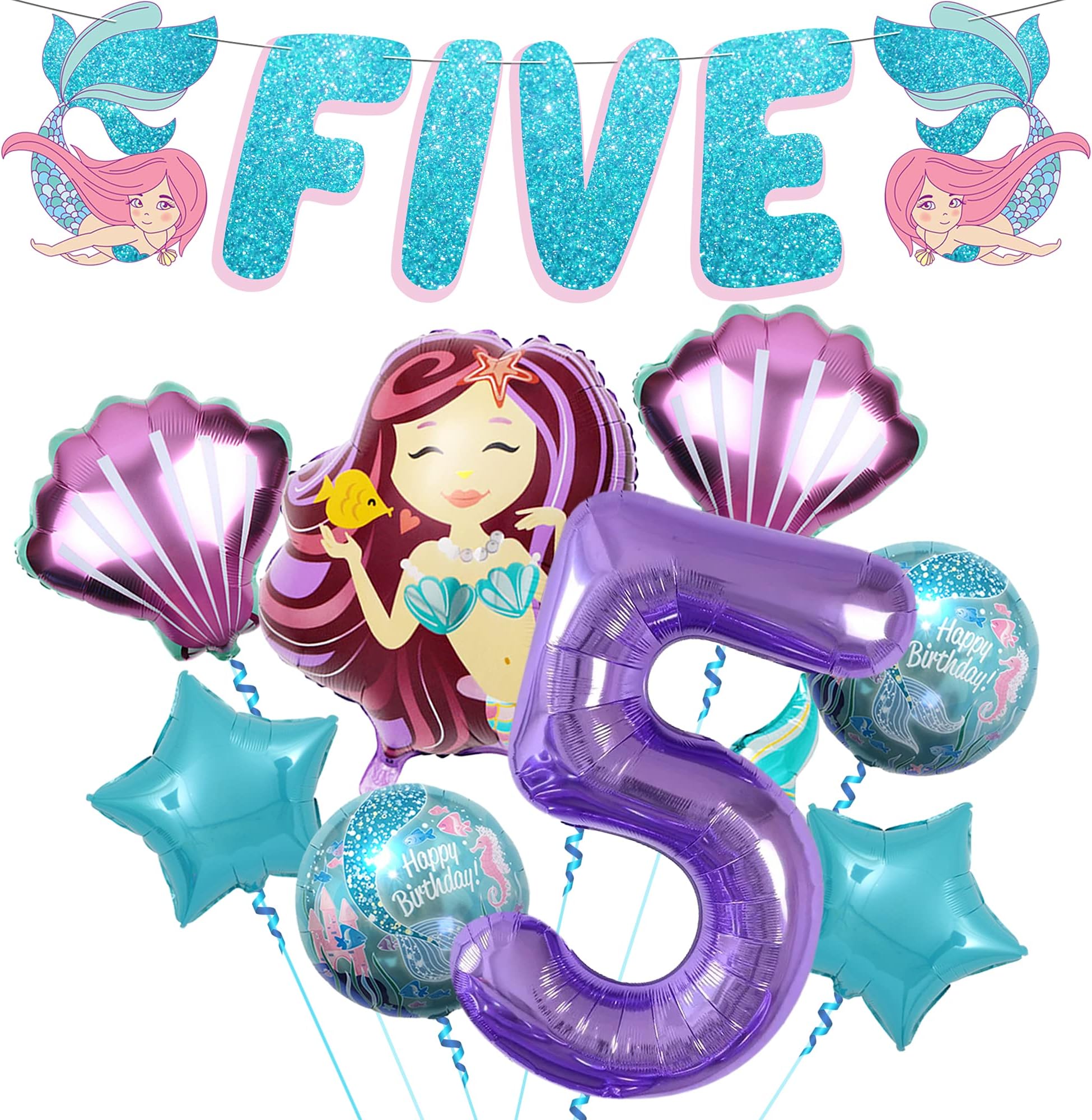 KatchOn, Mermaid 5th Birthday Decorations Girl - Pack of 9 | Mermaid Birthday Decorations for Girls | Mermaid Birthday Party Supplies | Mermaid Party Decorations 5 Year Old | Mermaid Party Favors