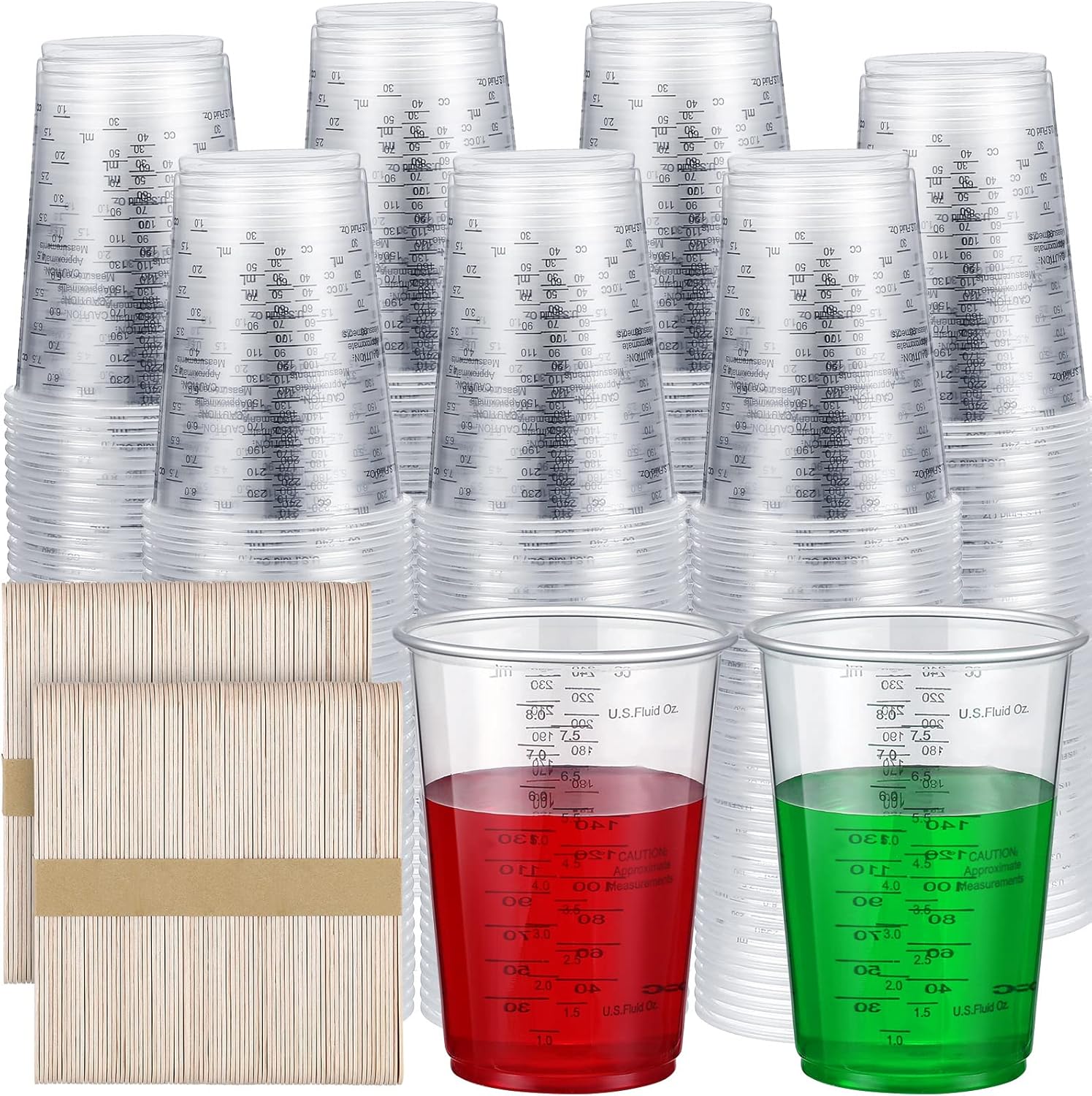 300 Pieces 8 oz Plastic Measuring Cups with 300 Wooden Mixing Sticks