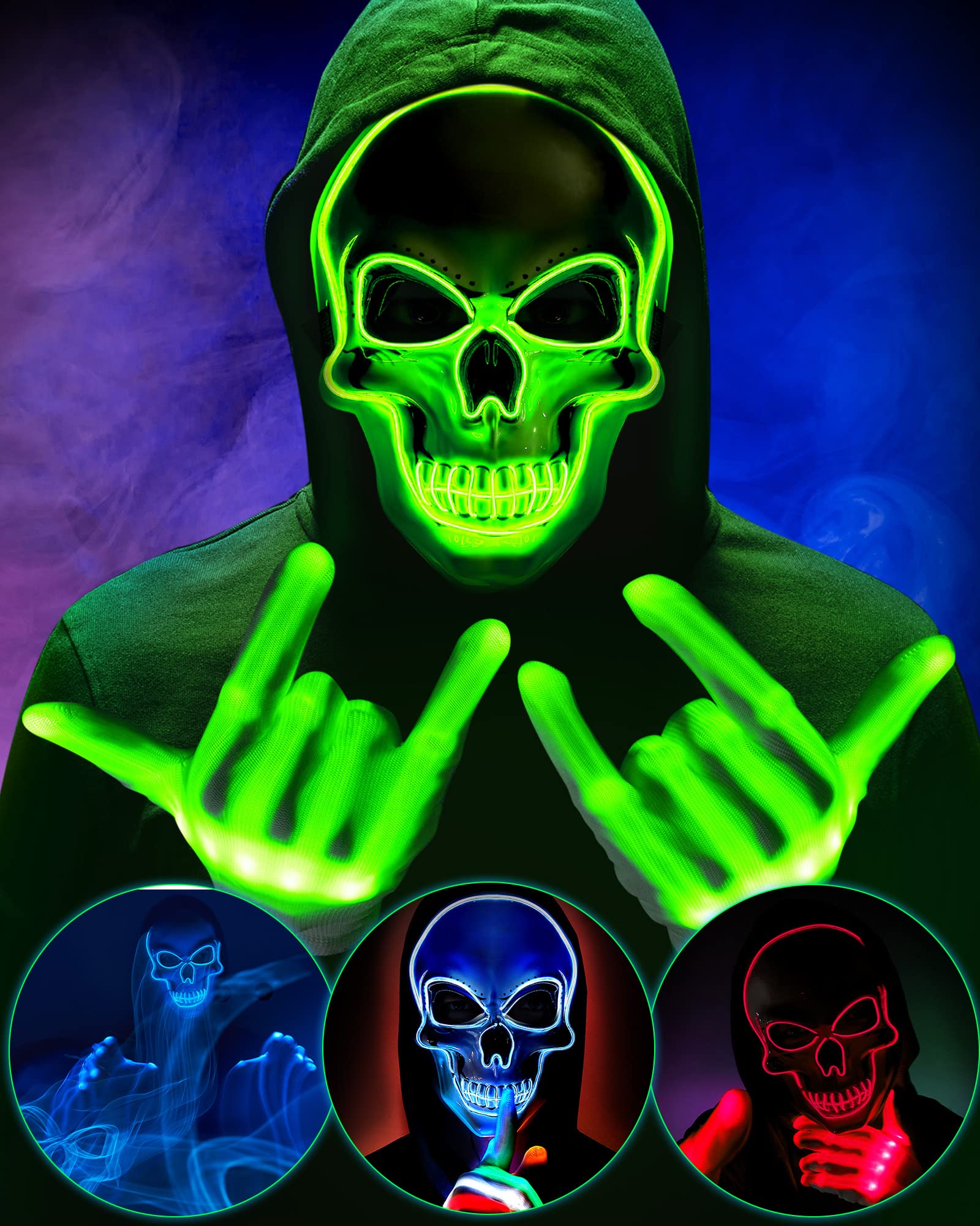 Halloween Mask LED Skeleton Mask Purge Hacker Mask Scary Glow in The Dark Mask for Halloween Costume Party (Green)
