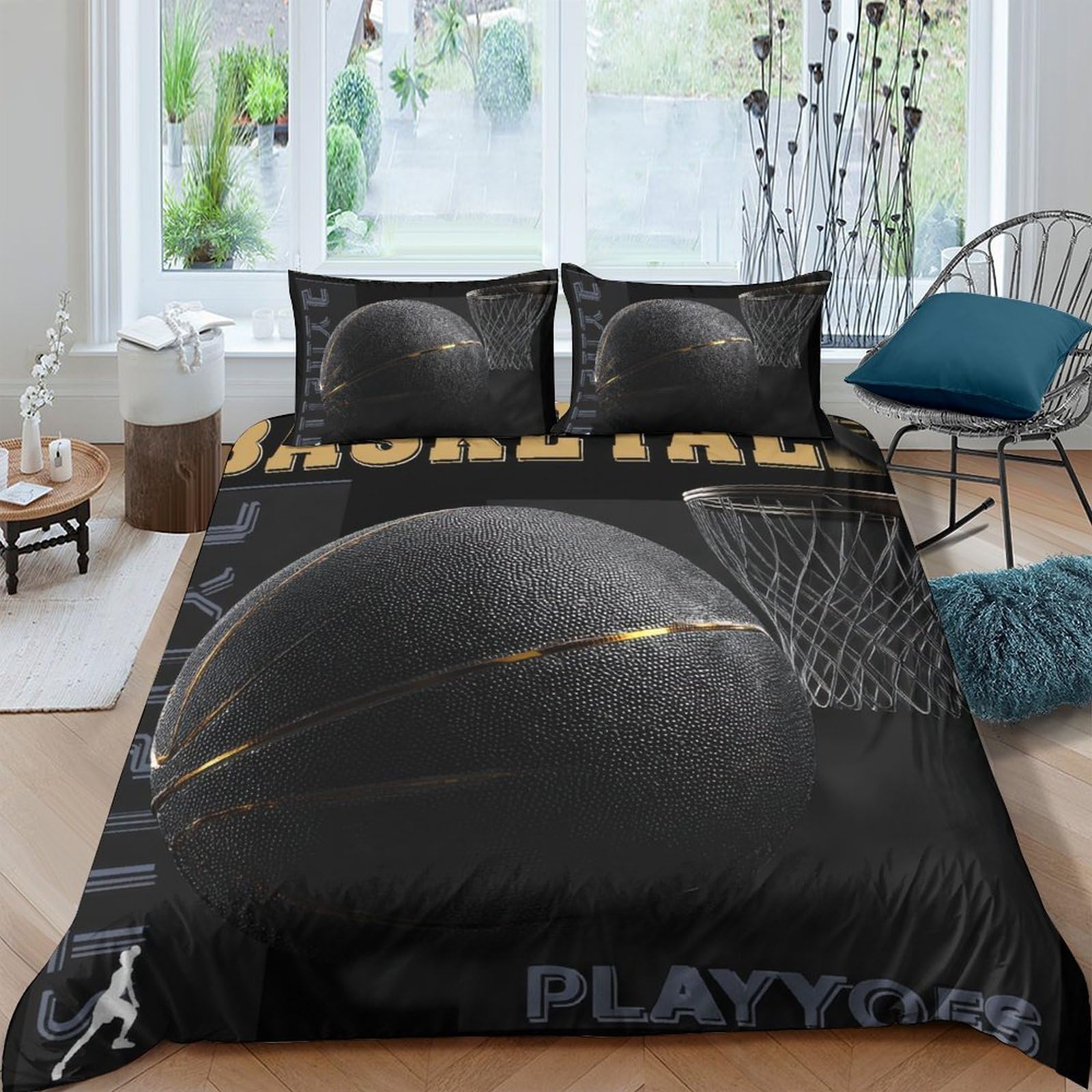 Ctjqhvkz Style-4 3D Printed Basketball Court Fitted Sheet Microfiber Black Gold Bed Cover For Bedroom Dorm Decorative Mattress Protection Single（135X200cm）