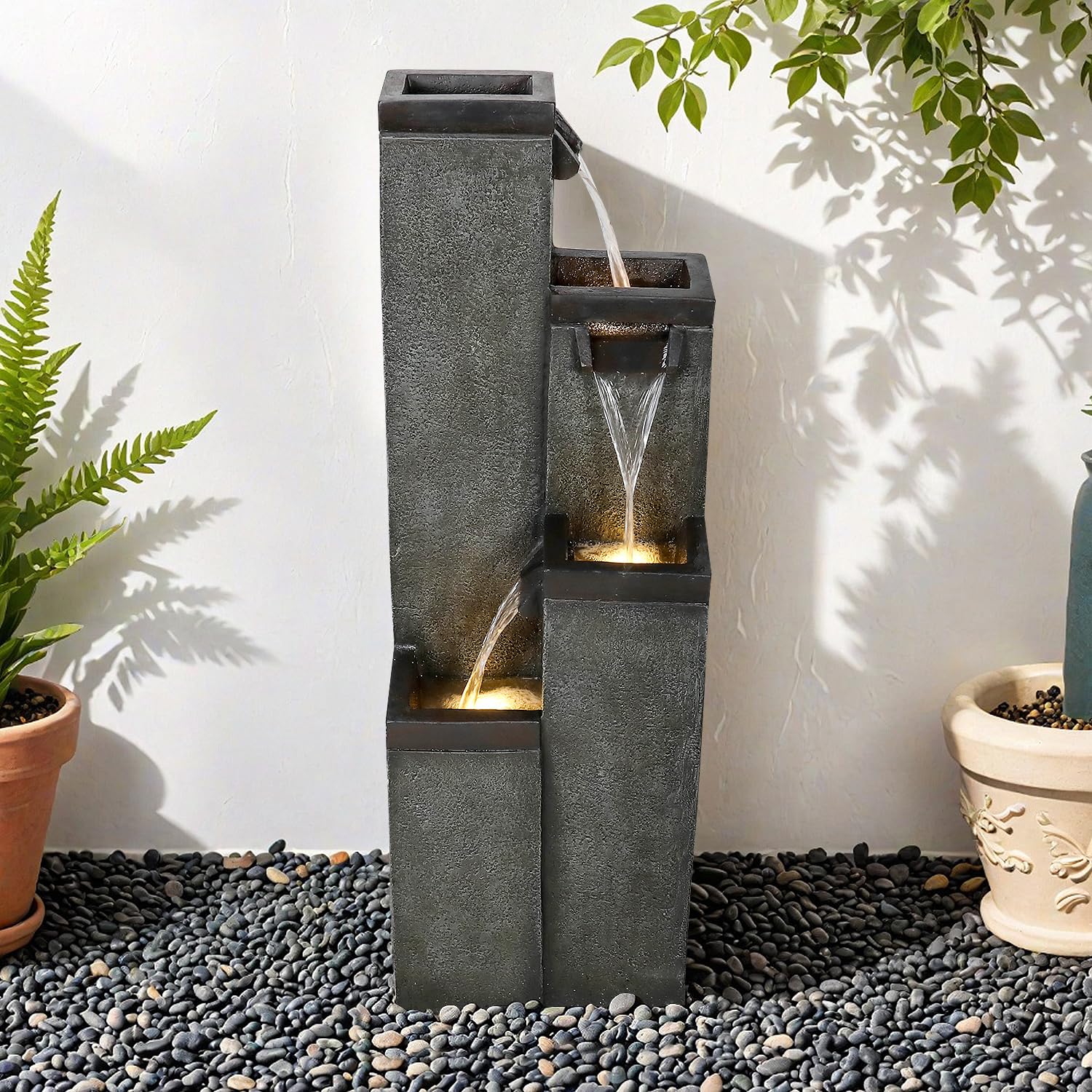 SunJet 4-Tier Modern Water Fountain, Indoor/Outdoor Resin Water Fountains with Soothing Water Sounds, Perfect for Garden, Patio, Home &amp; Office, 12.5" L x 9.4" W x 39.3" H