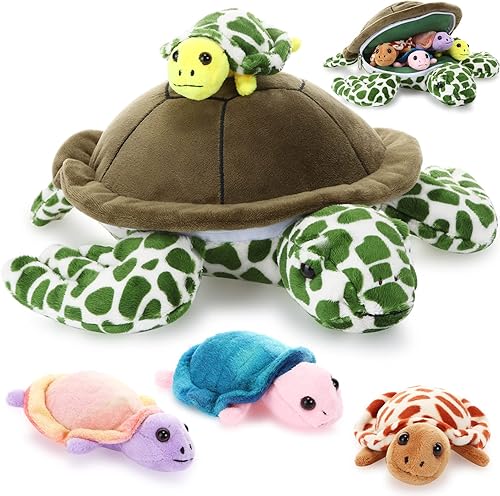 Aoriher Juego de 5 piezas de tortuga de peluche de tortuga marina de 12 pulgadas, mamá con 4 tortugas pequeñas, juguetes de peluche suave, tortuga,
