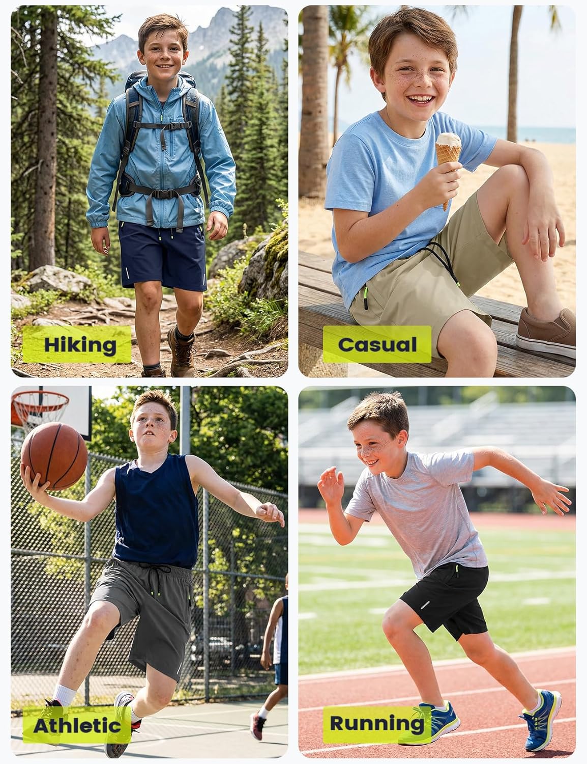 Gihuo Boys Shorts Quick Dry Athletic Shorts Kids Lightweight Outdoor Running Shorts with Zipper Pocket