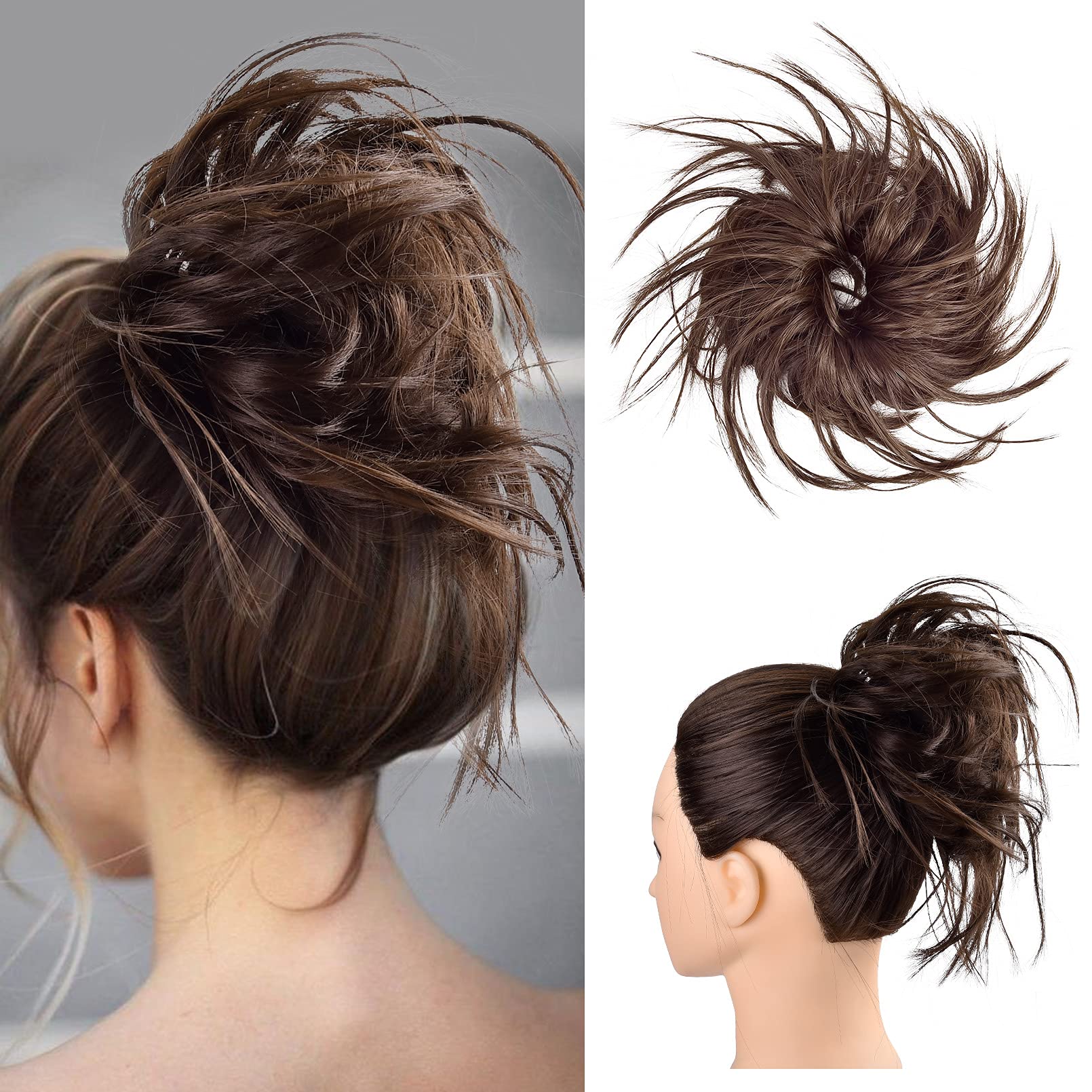HOOJIH Messy Bun Hair Piece, Long Tousled Updo Hair Bun Extensions Curly Wavy Ponytail Hairpieces Hair Scrunchies with Elastic Hair Band for Women Girls Color Warm Brown with little black mixed