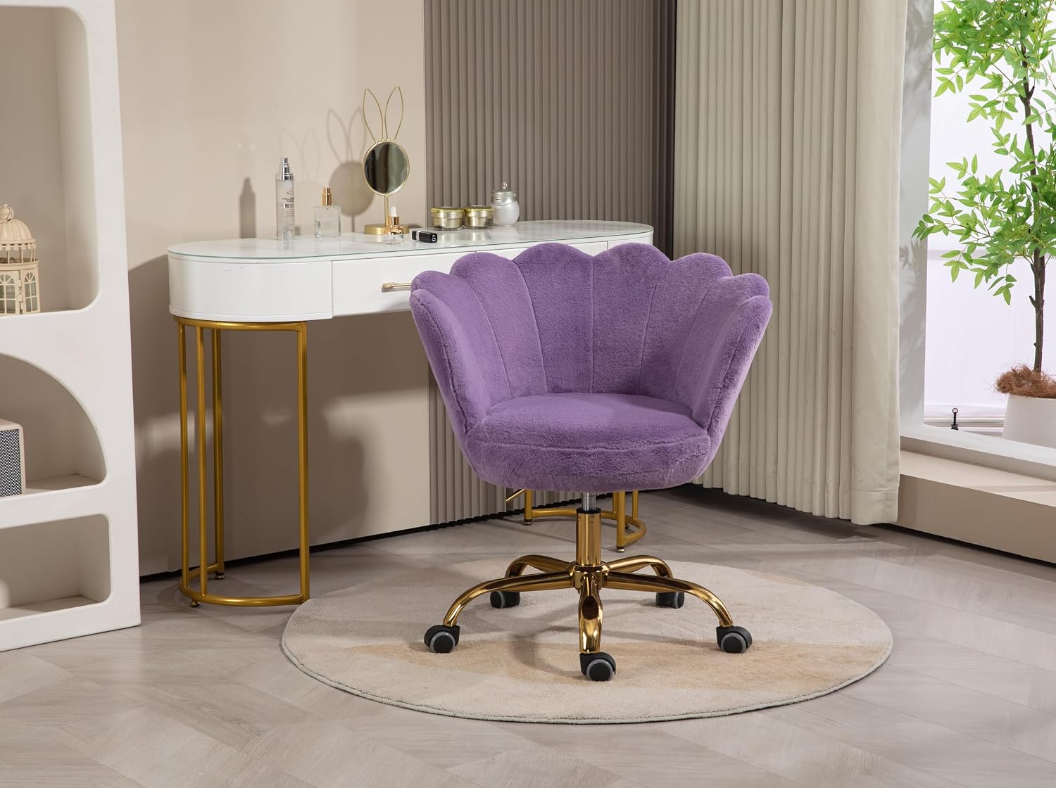 ZOBIDO Comfy Home Office Task Chair with Wheels, Cute Modern Upholstered Velvet Seashell Back Adjustable Swivel Vanity Desk Chair, for Women,for Girls, Living Room, Bedroom(Rabbit Velvet Purple)