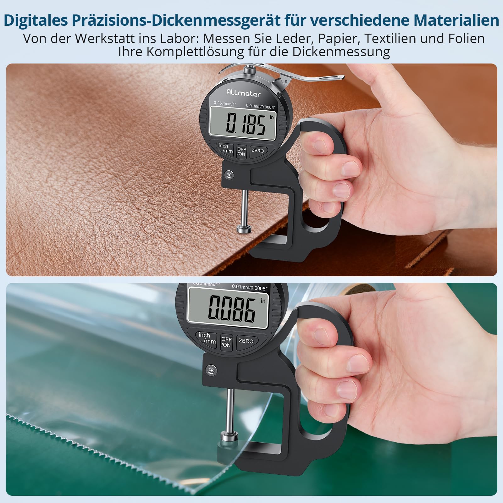 Digitales Dickenmessgerät 0-25,4mm, 0,01mm/0,0005'' Präzisionsmessgerät mit LCD Display für Leder, Papier, Stoff