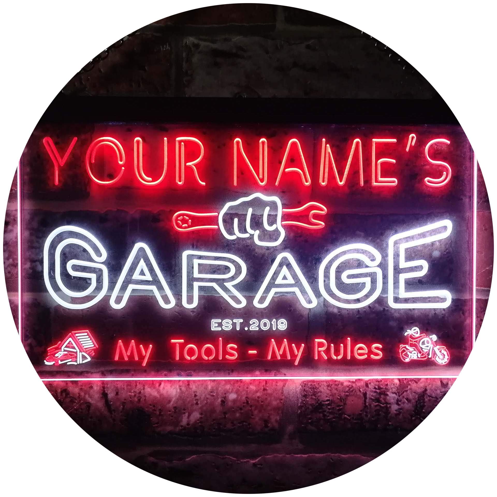 ADVPRO Personalized Your Name Est Year Theme Garage Man Cave Deco Dual Color LED Neon Sign White & Red 600 x 400mm st6s64-pp1-tm-wr